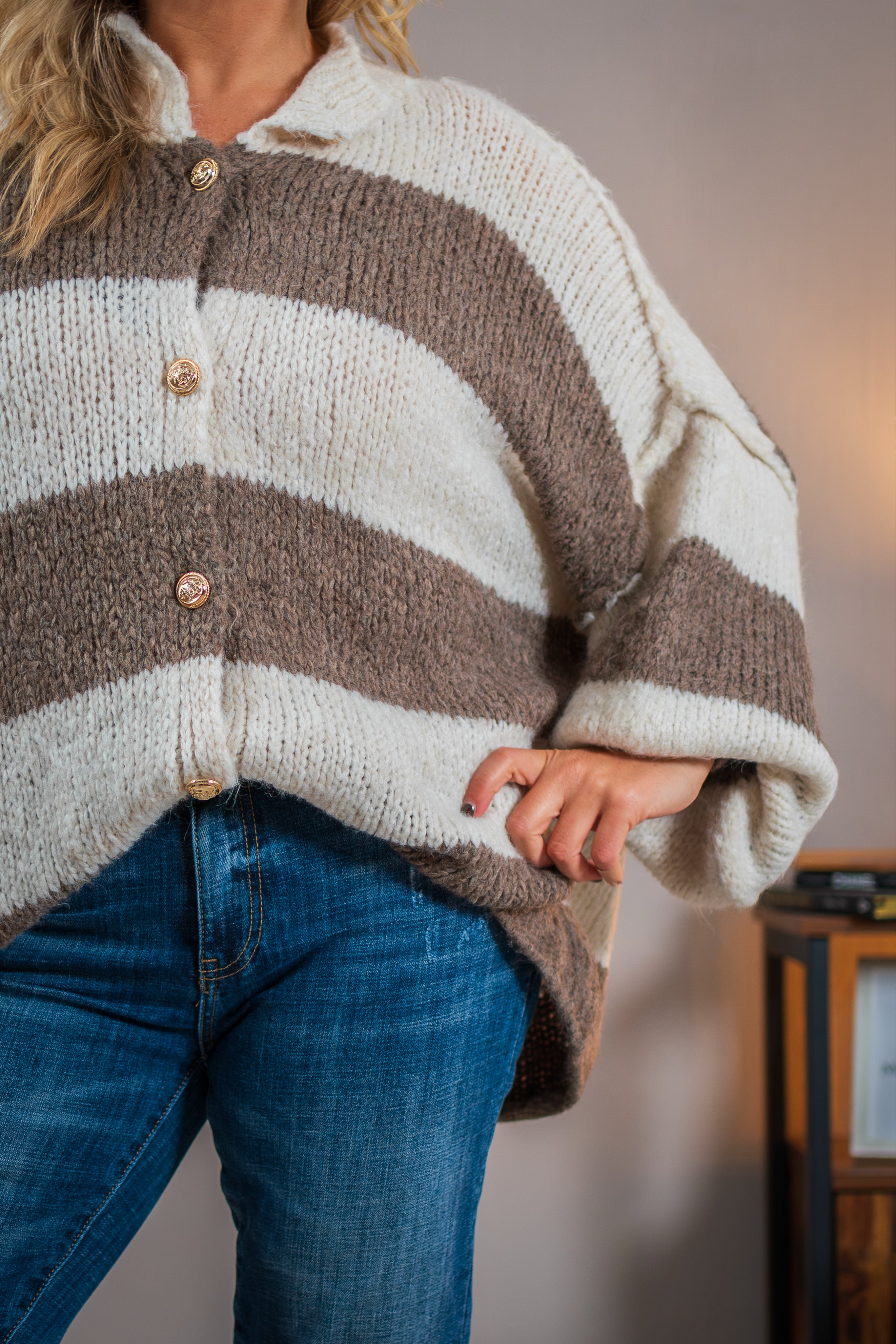 Oversize-Strickjacke, creme-taupe