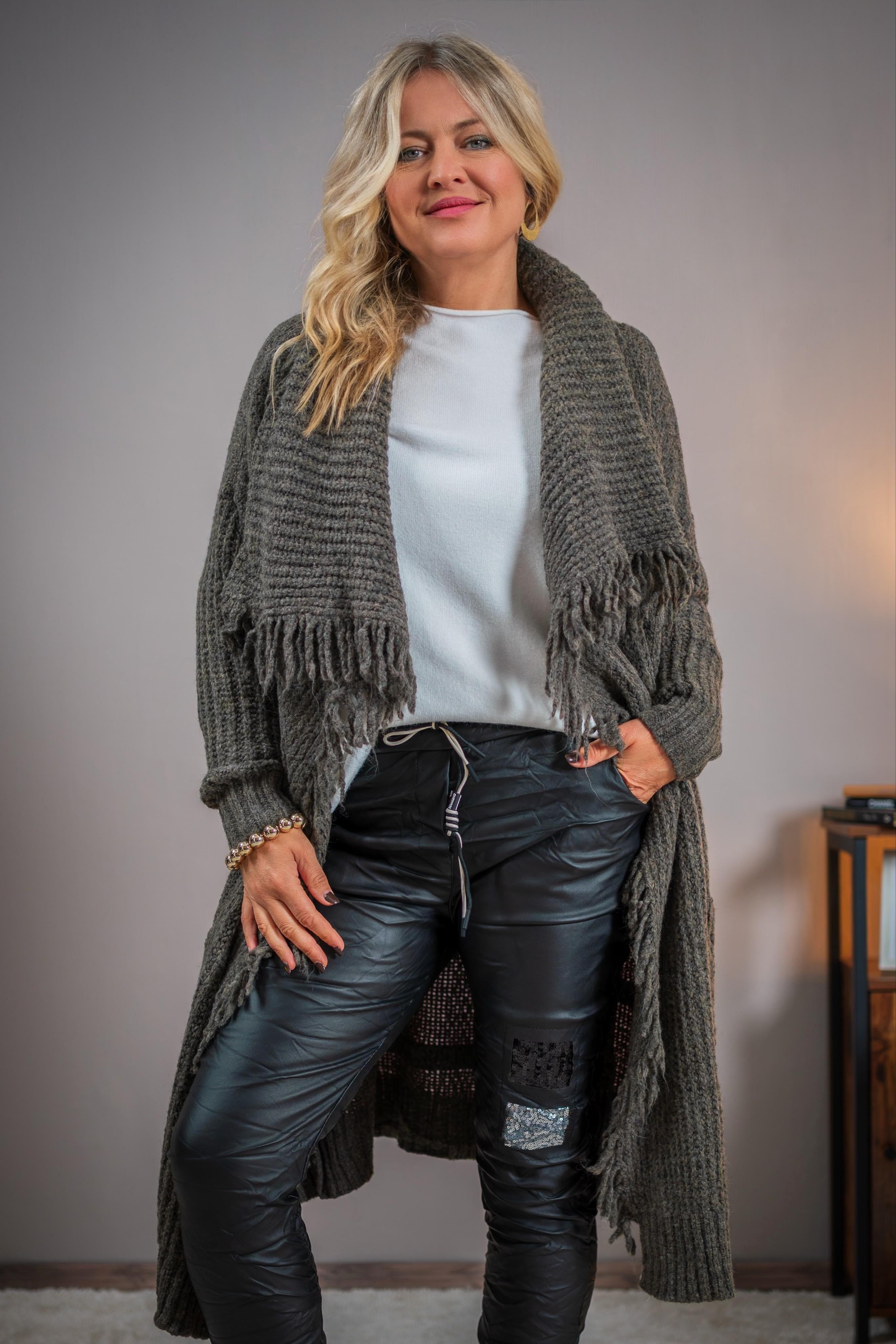 Strickmantel, grau-braun
