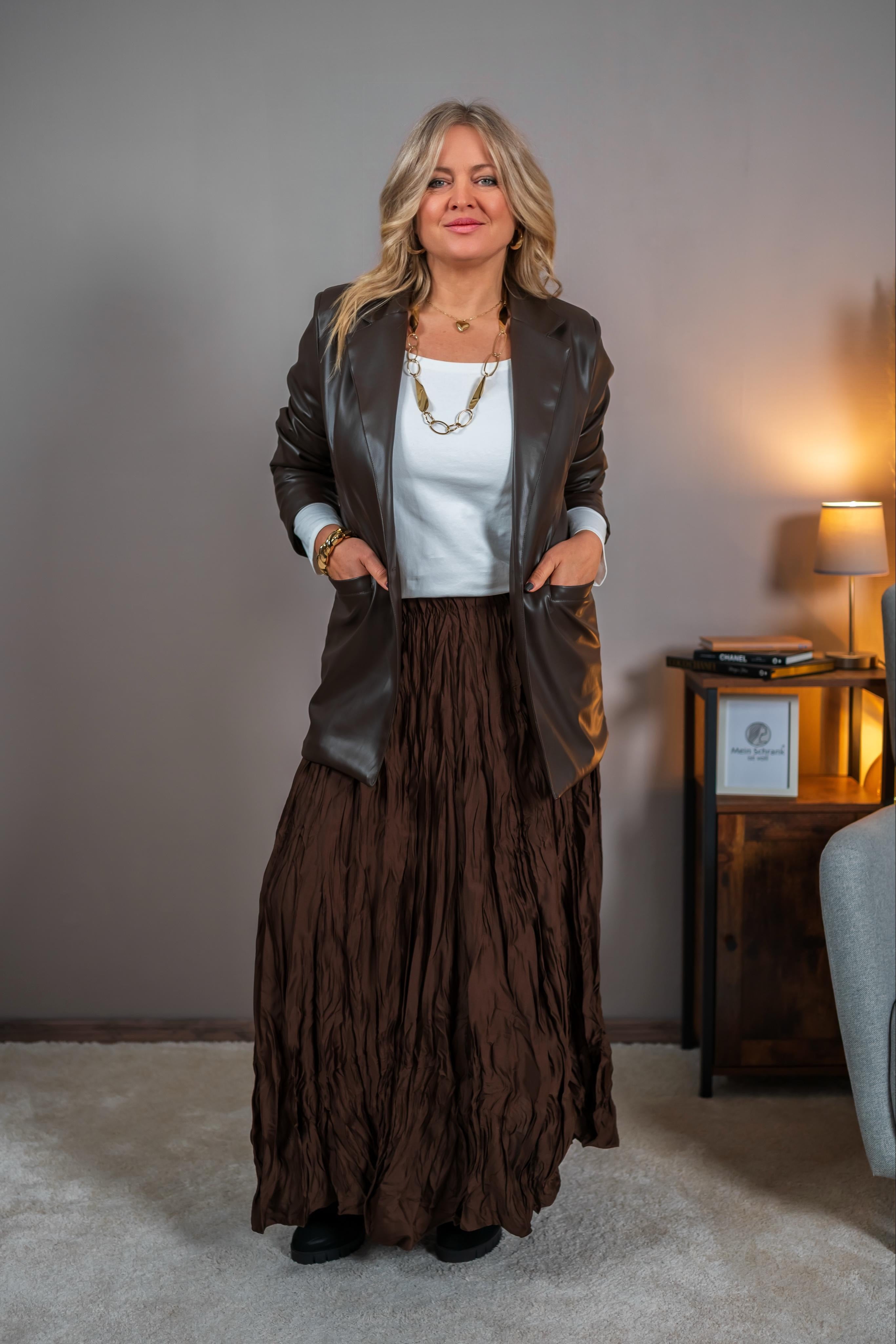 Eleganter Blazer in Lederoptik, schokobraun