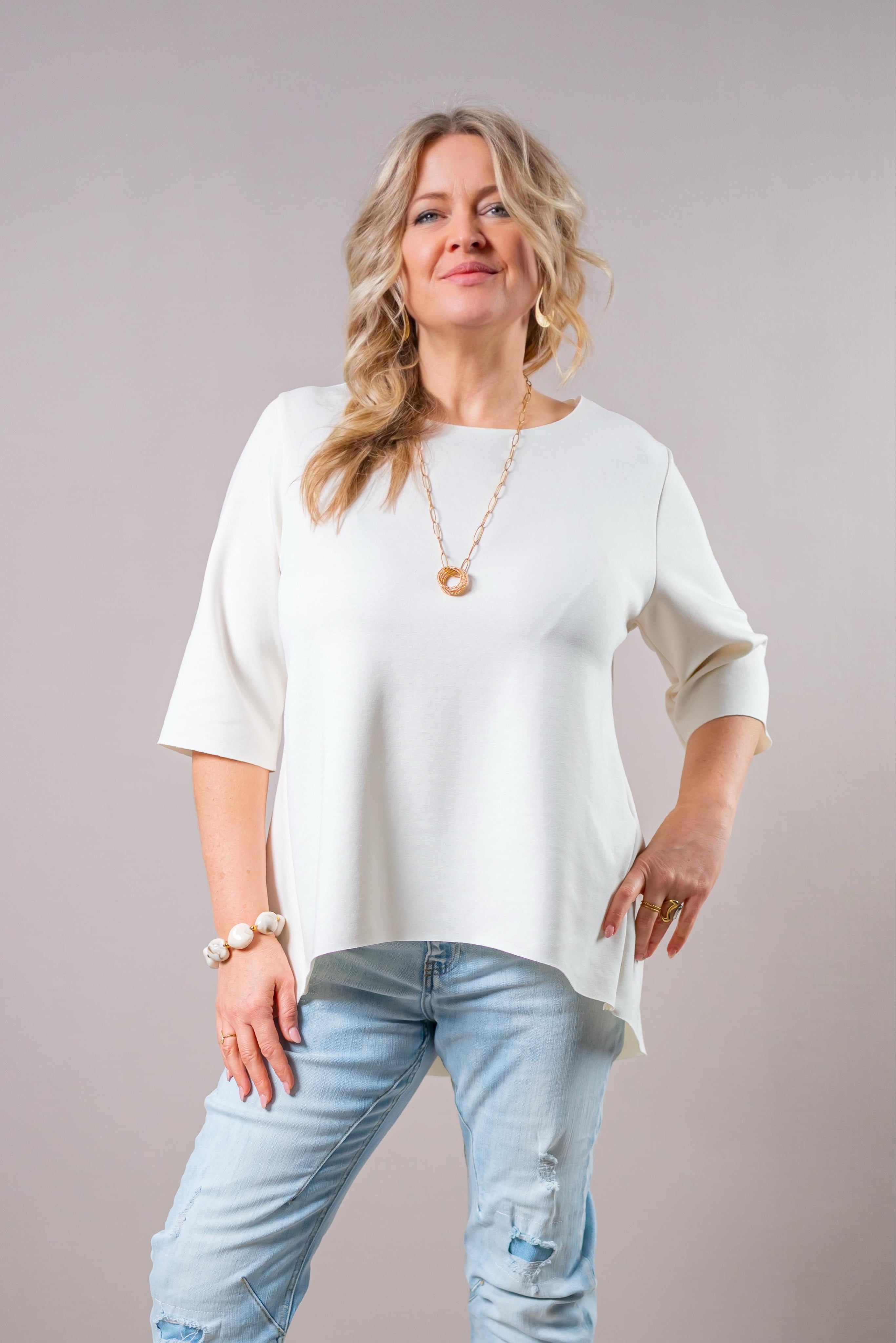 Halbarm-Shirt mit Rundhalsausschnitt, creme