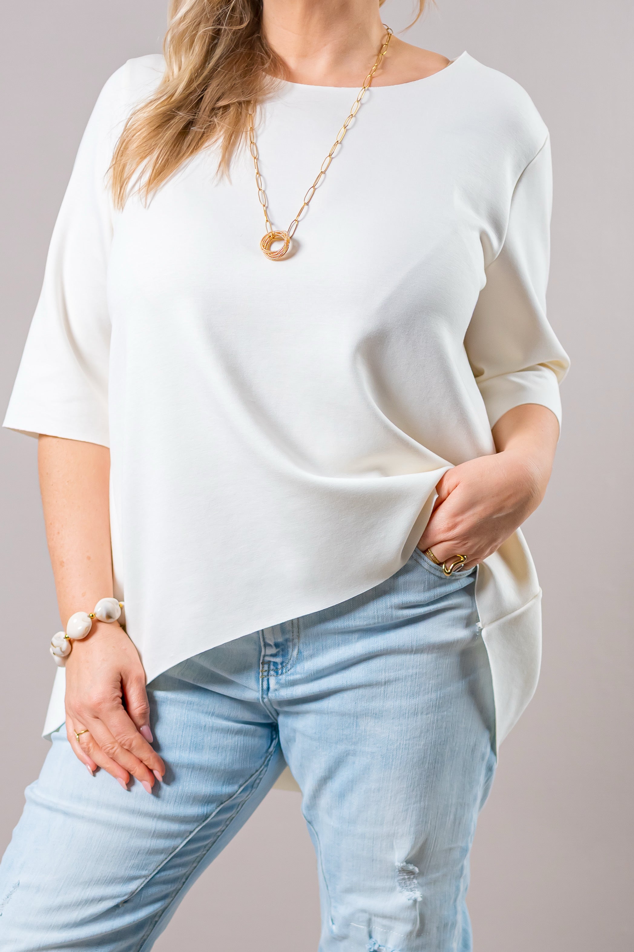 Halbarm-Shirt mit Rundhalsausschnitt, creme