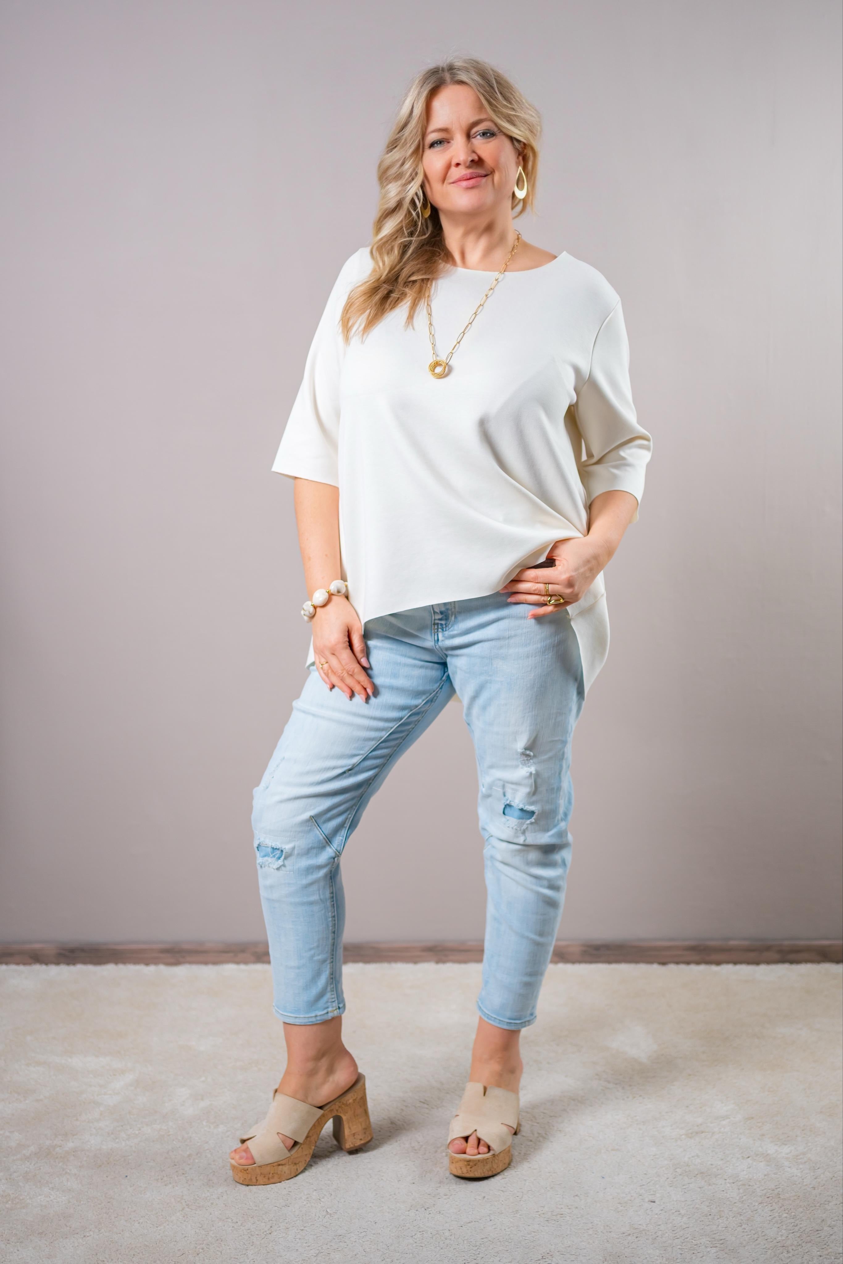 Halbarm-Shirt mit Rundhalsausschnitt, creme