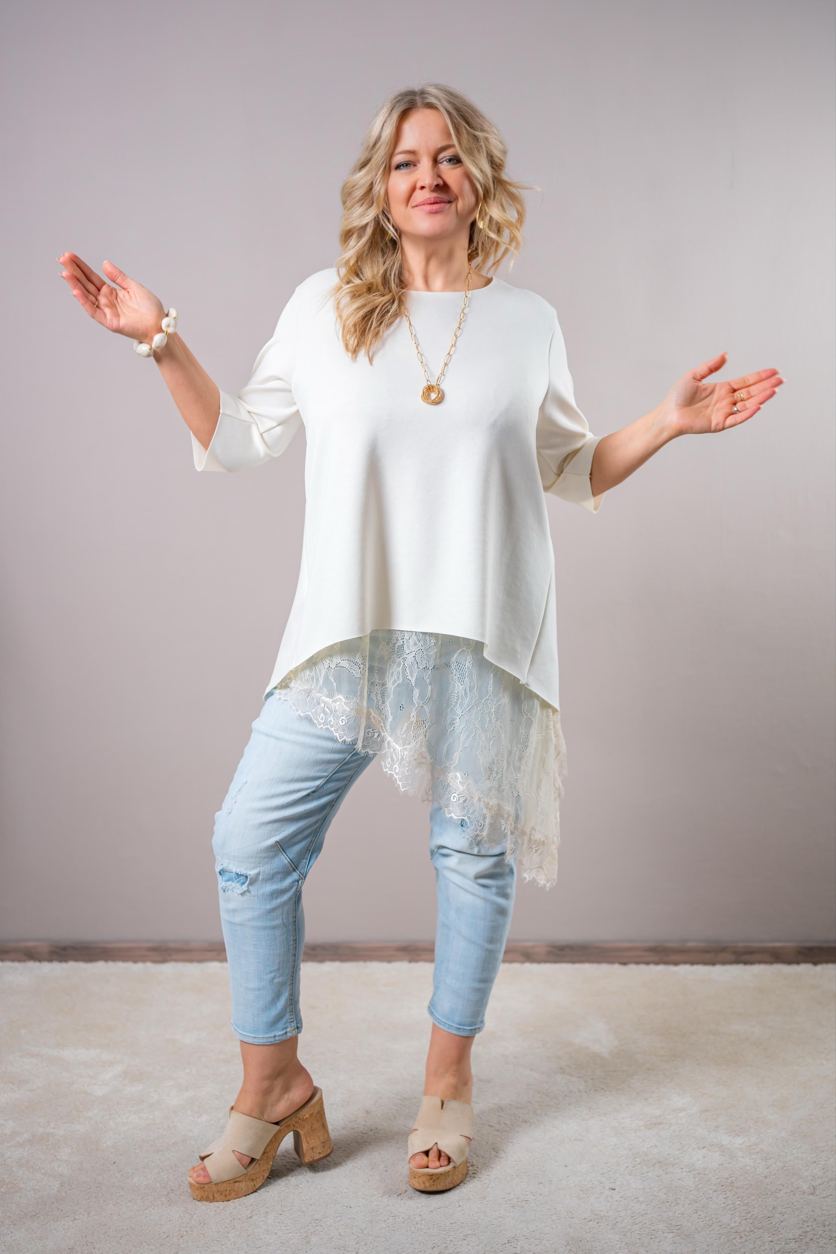 Asymmetrisches Longtop aus Spitze, creme