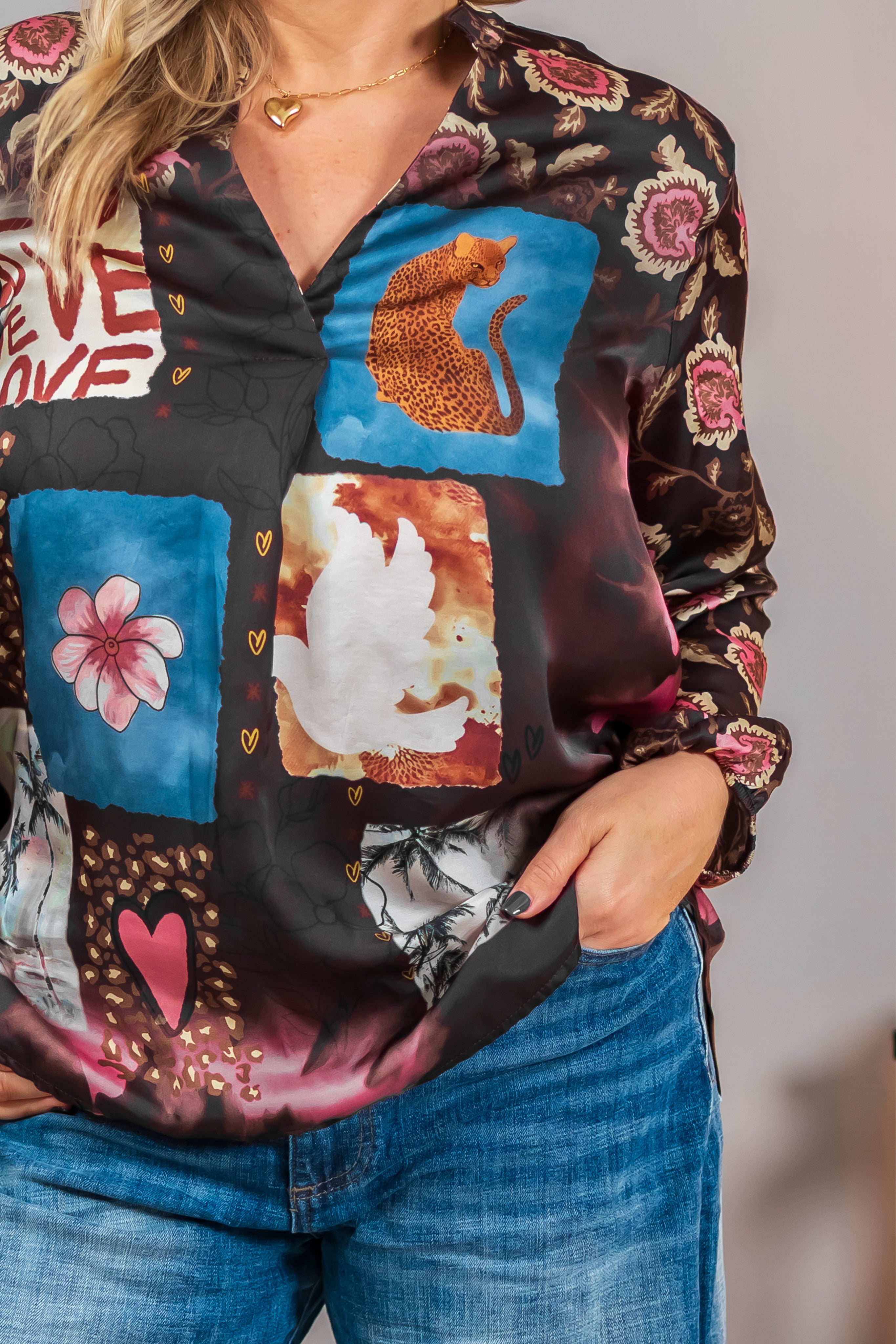 Bluse mit Patchwork-Print, mehrfarbig