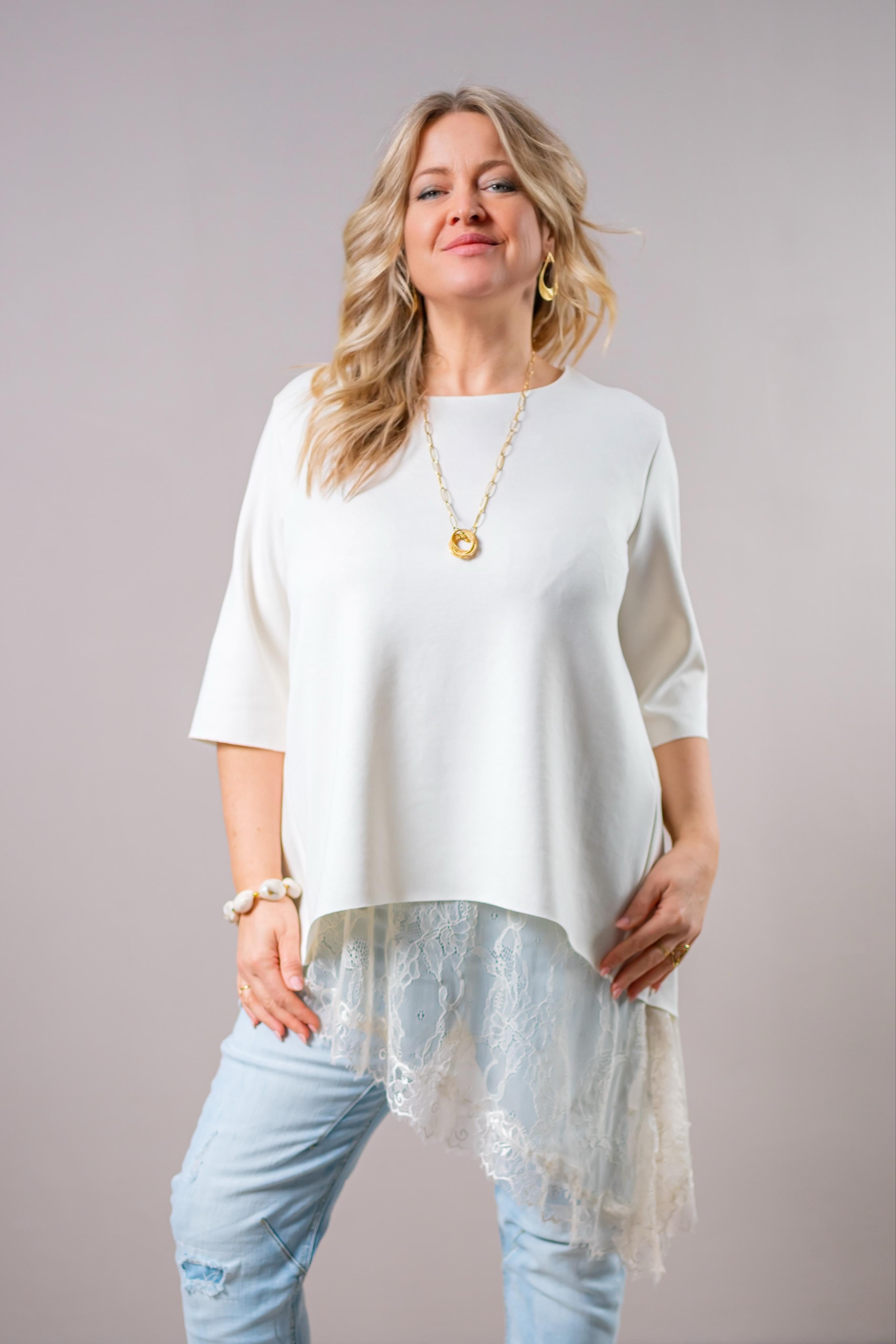 Halbarm-Shirt mit Rundhalsausschnitt, creme