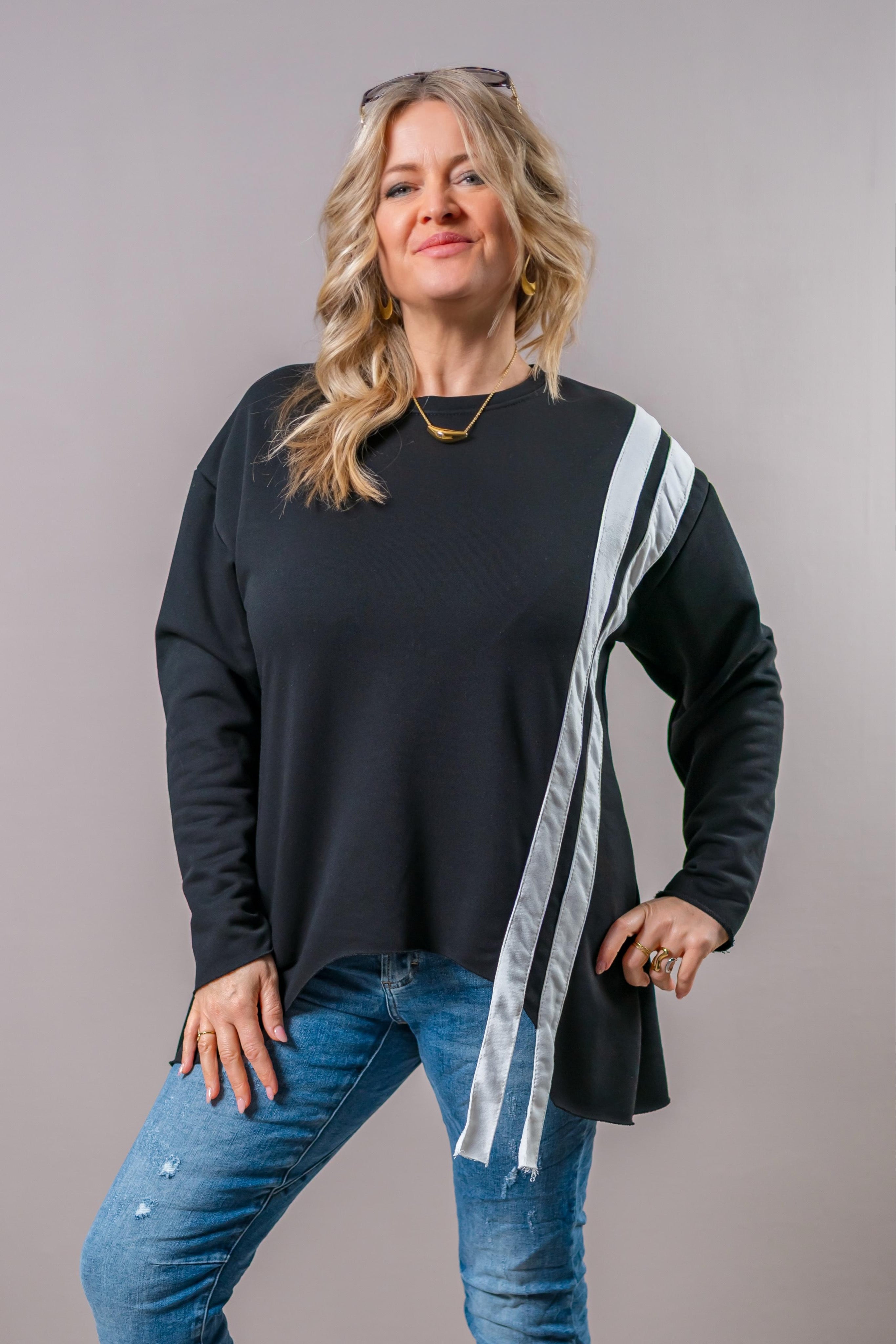Sweatshirt mit diagonalem Kontraststreifen, schwarz