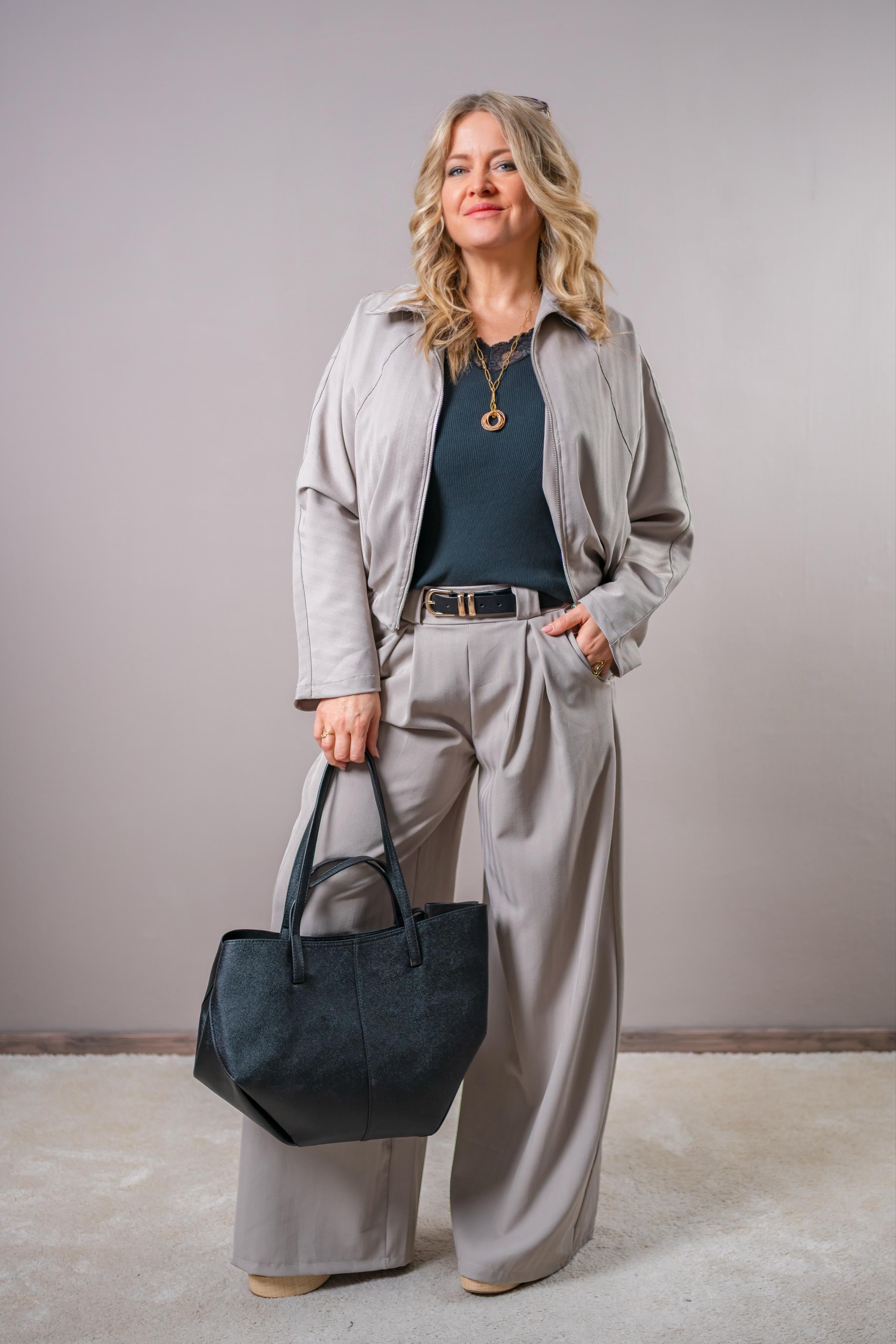 Wide Leg Hose mit Bundfalten, grau-beige