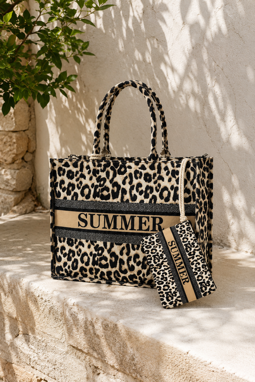 'SUMMER' Shopper Leo-Print mit Mini-Etui