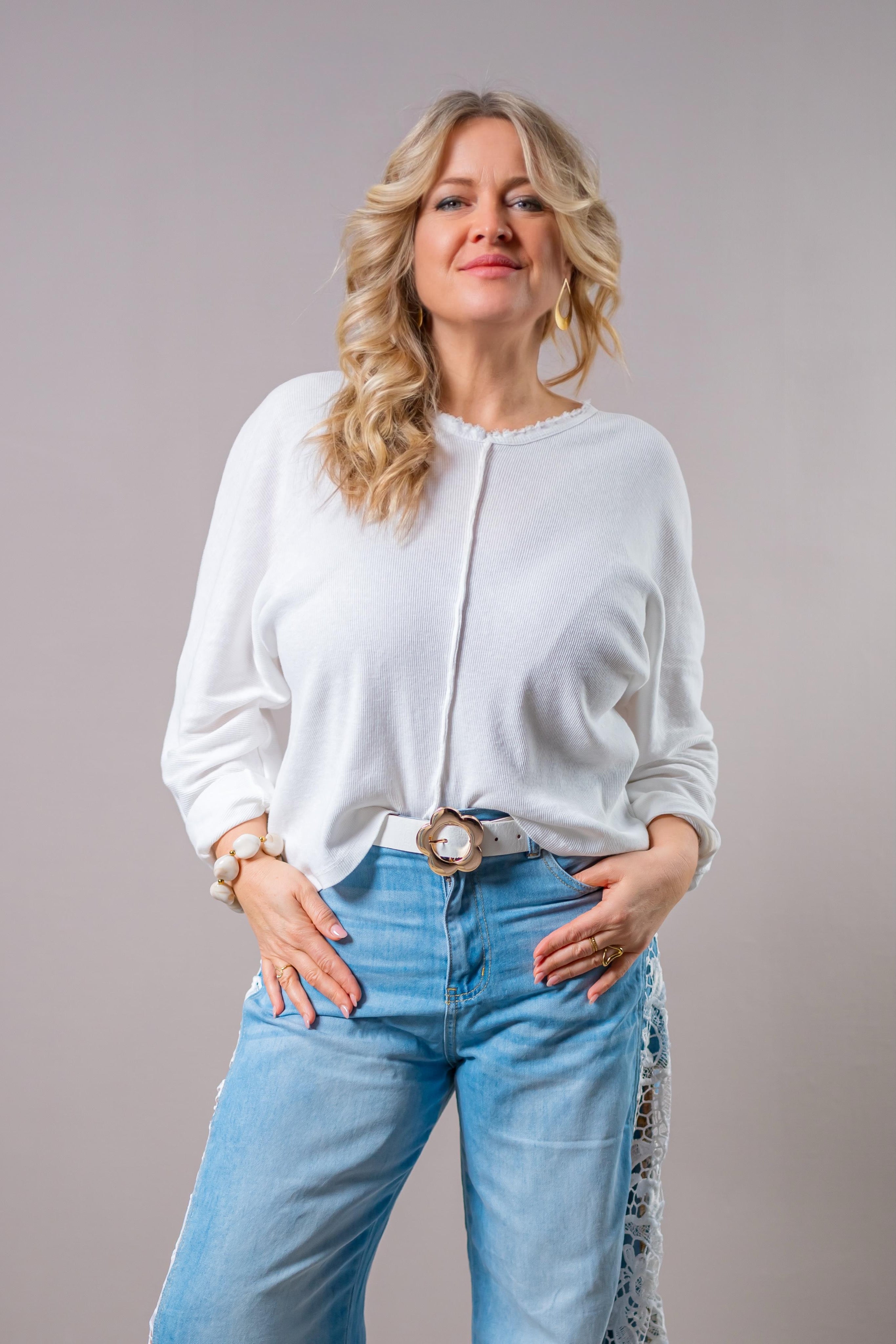 Feinstrick Shirt mit V-Ausschnitt, off-white