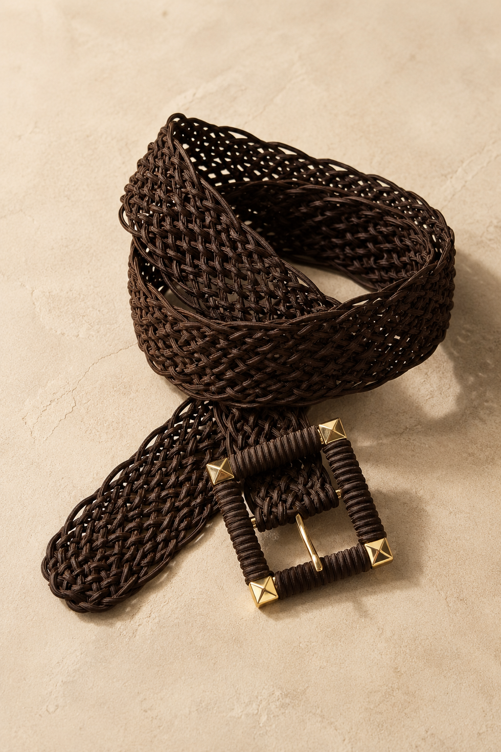 Boho Flechtgürtel Schokobraun/Gold, Eckige Schnalle