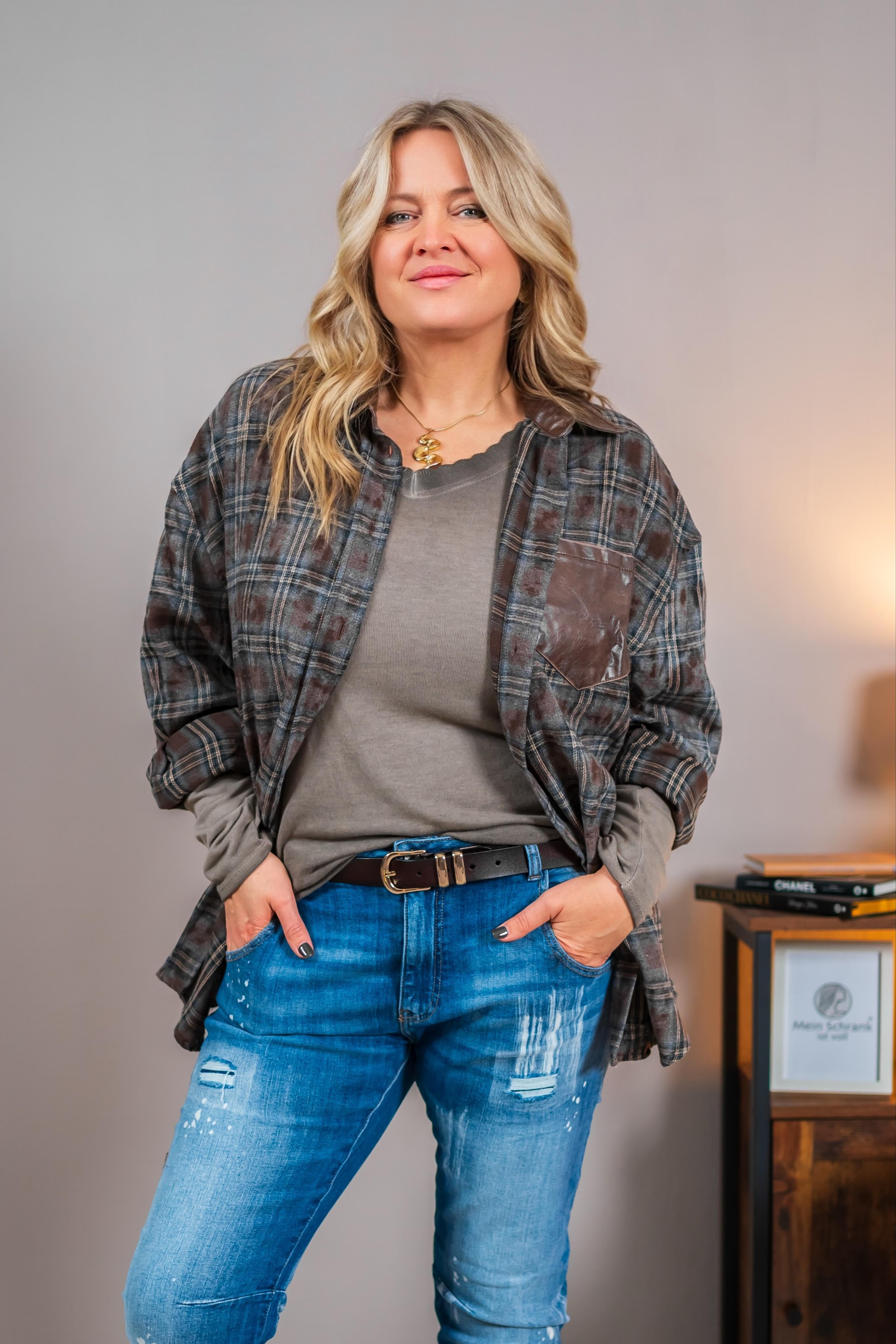 Karo-Hemd mit Lederdetails, braun/graun