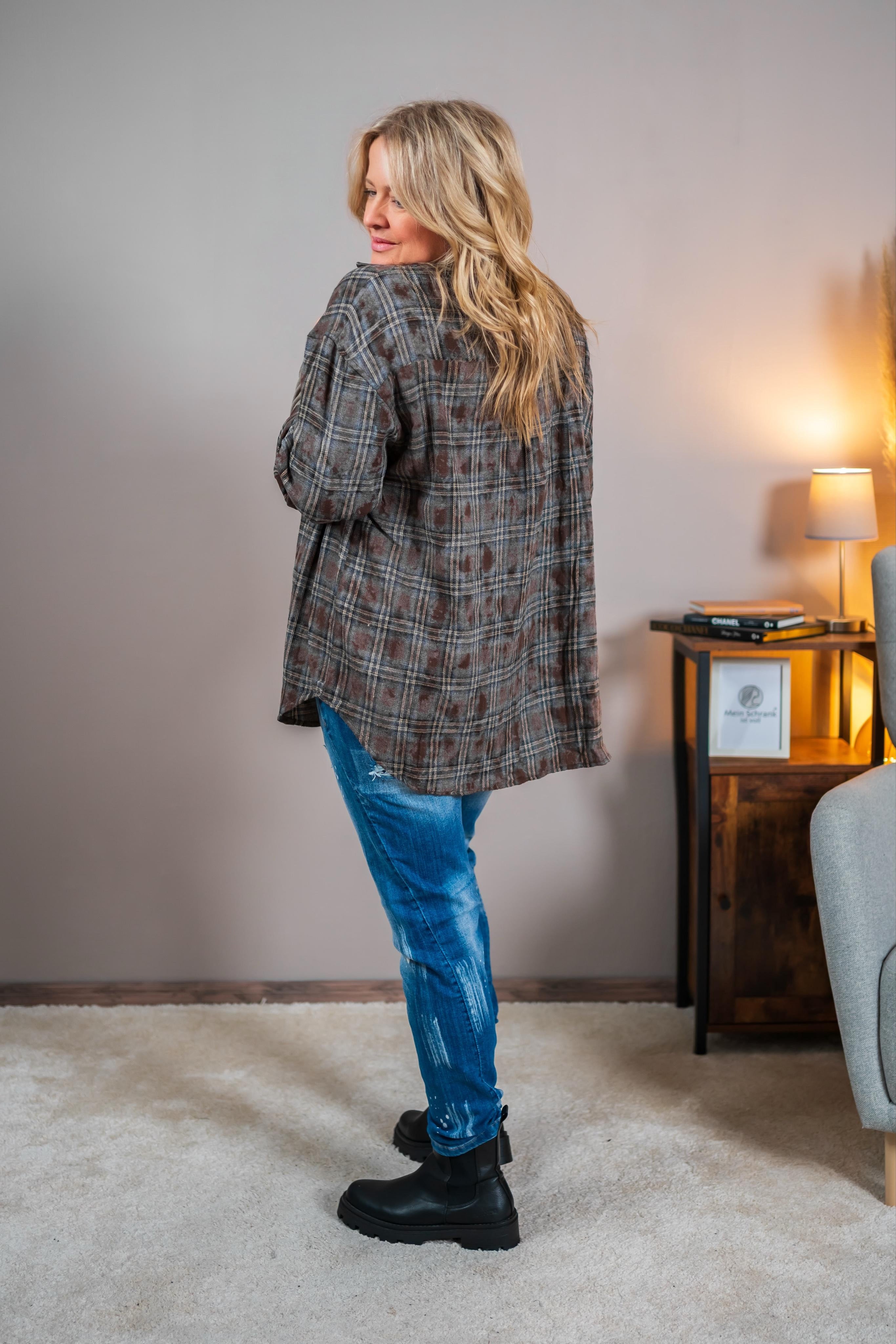 Karo-Hemd mit Lederdetails, braun/graun