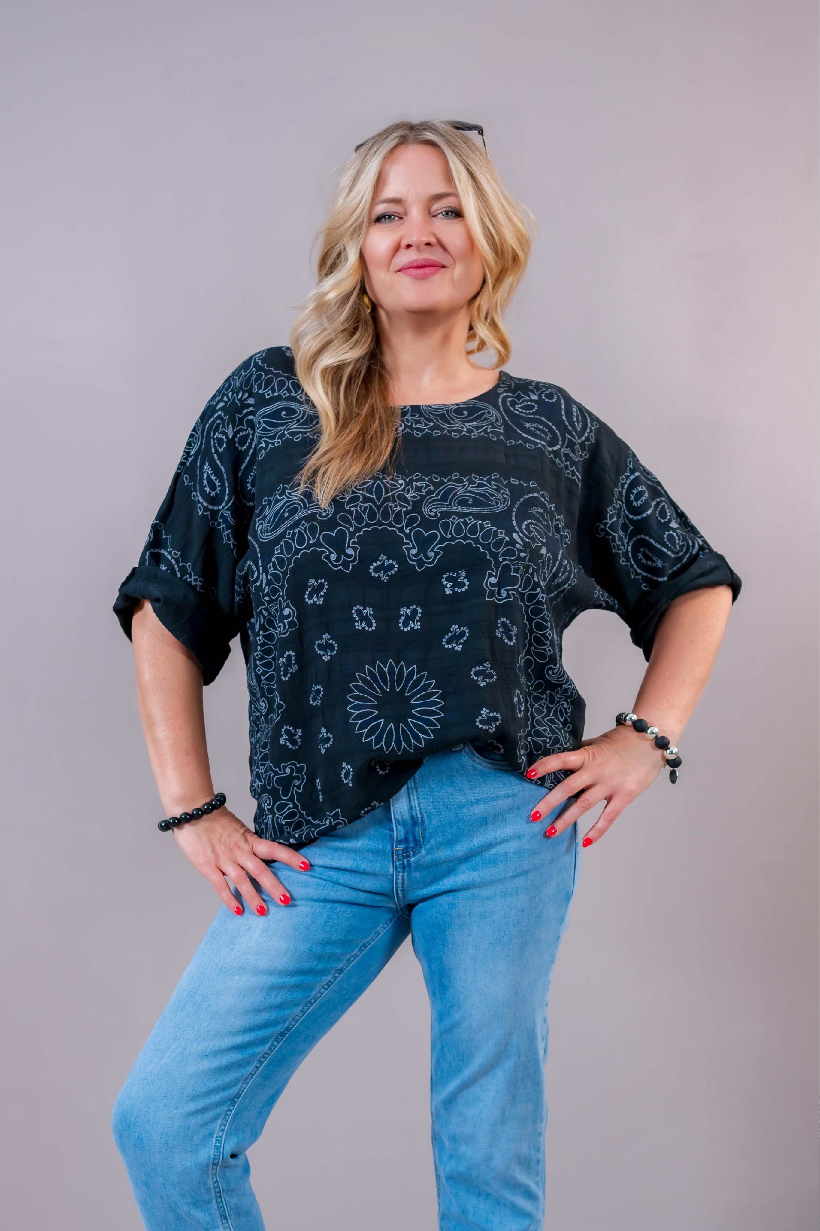 Crash-Shirt mit Paisley-Muster, schwarz