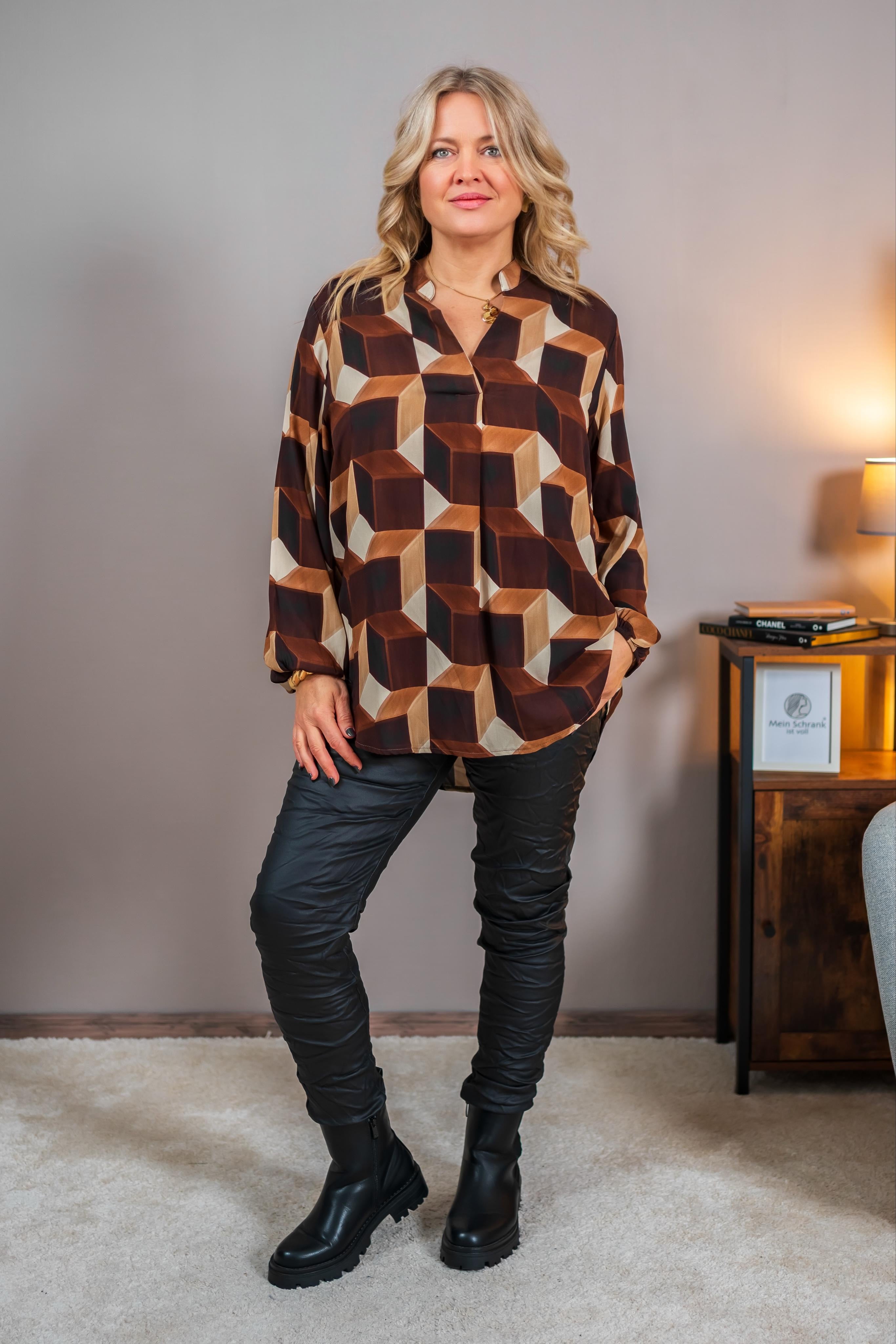 Bluse mit Würfel-Print, braun