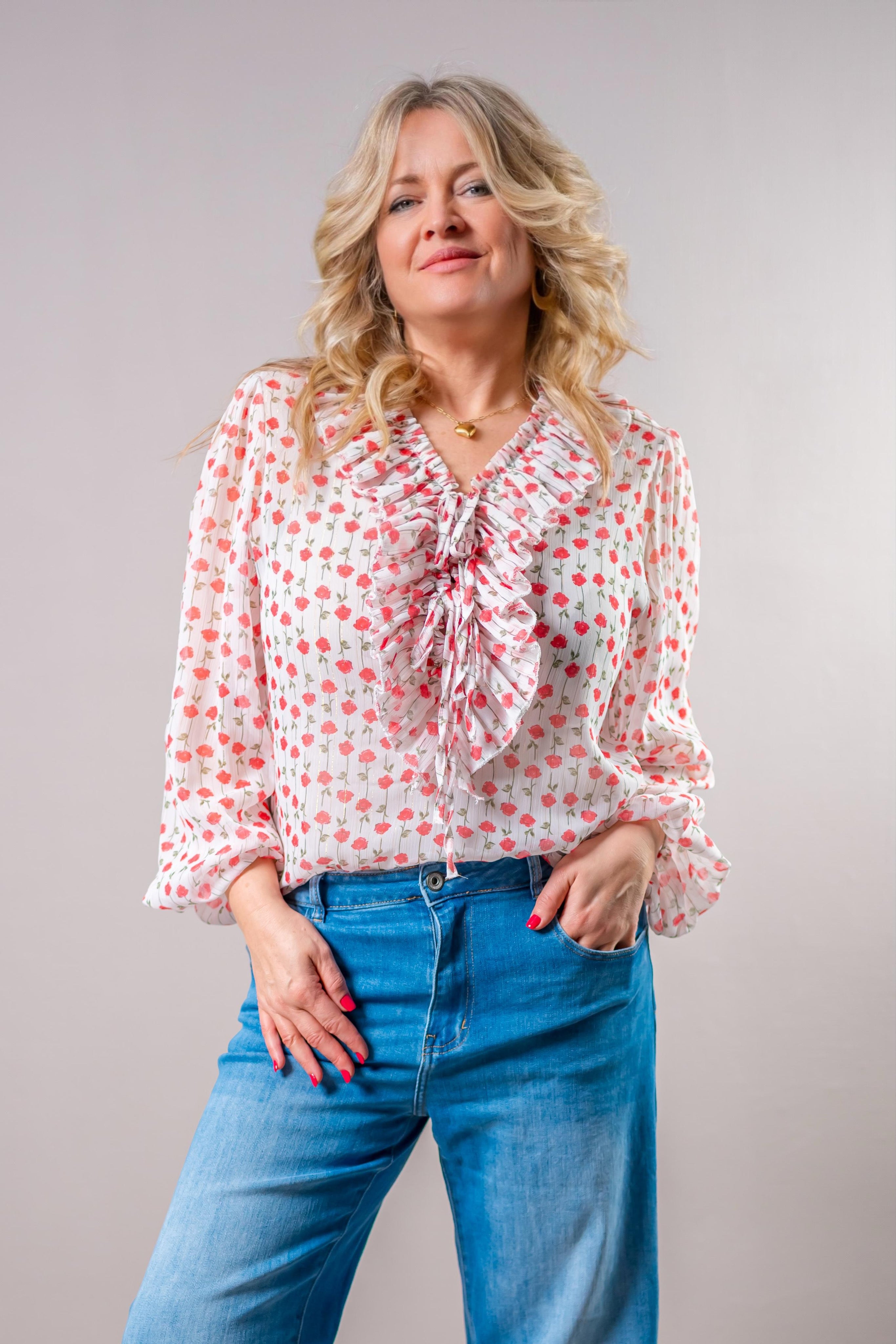 Romantische Bluse mit Blumenprint und Rüschenkragen