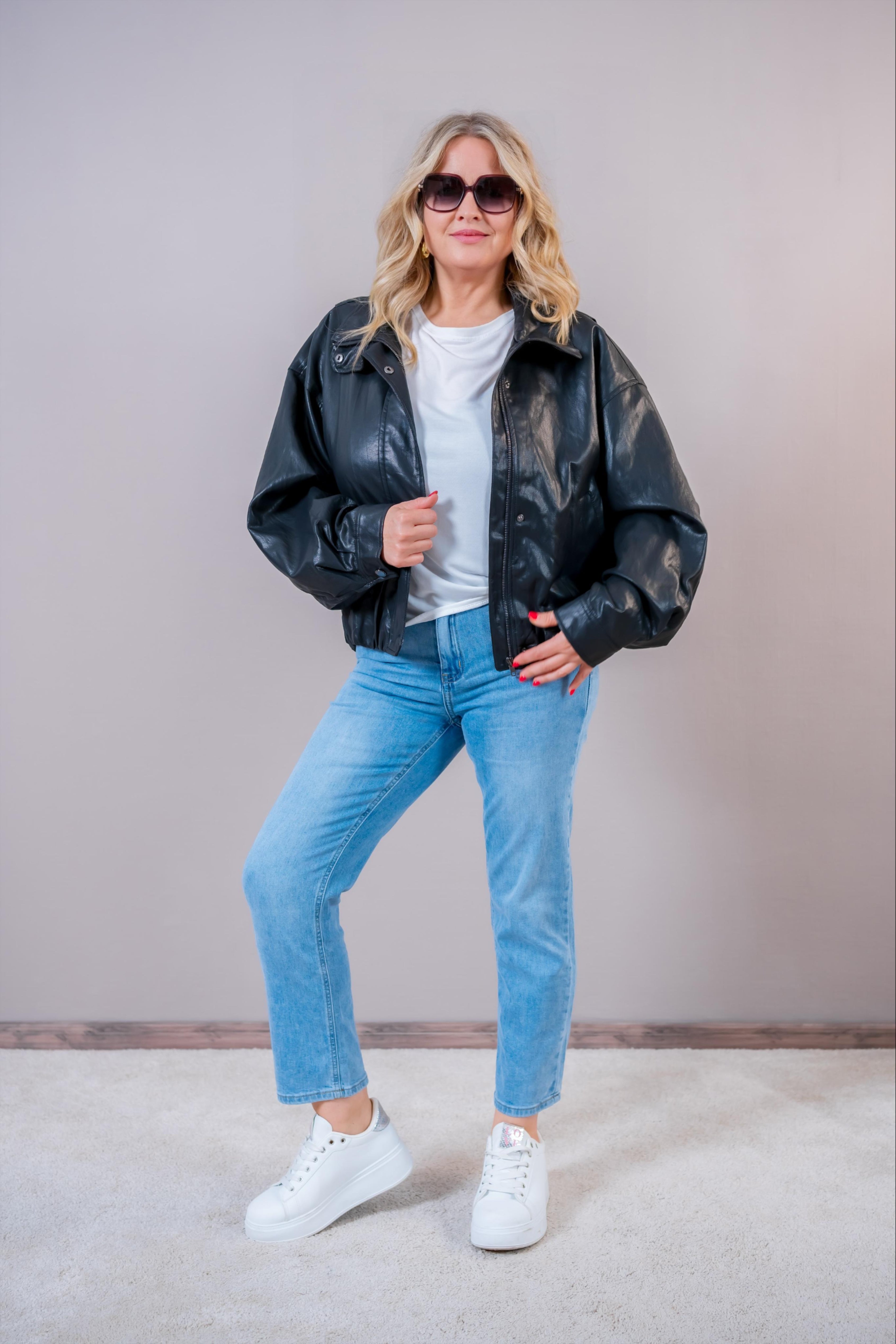Oversize Kunstlederjacke, schwarz