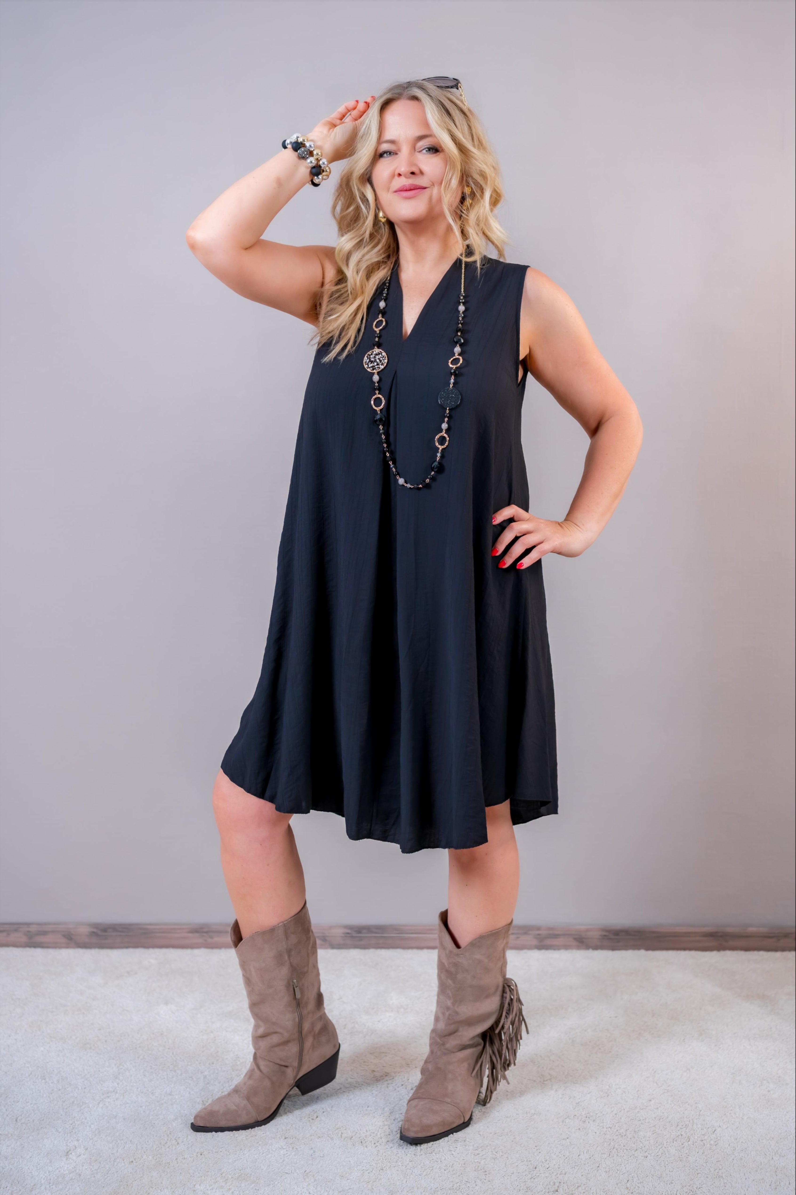 Ärmelloses Midi-Kleid mit V-Ausschnitt, schwarz