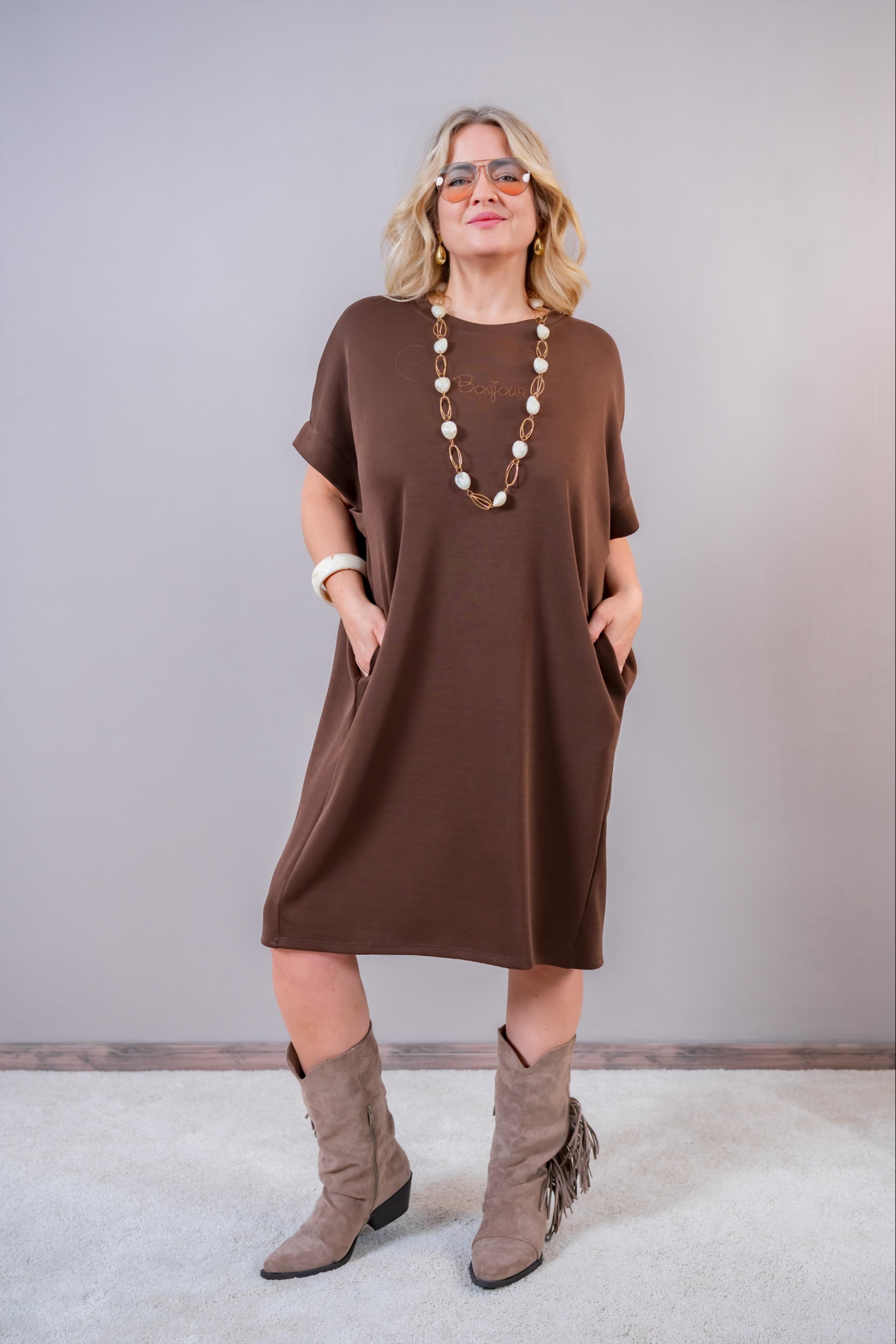Oversize Kleid "Bonjour" mit Seitentaschen, schokobraun