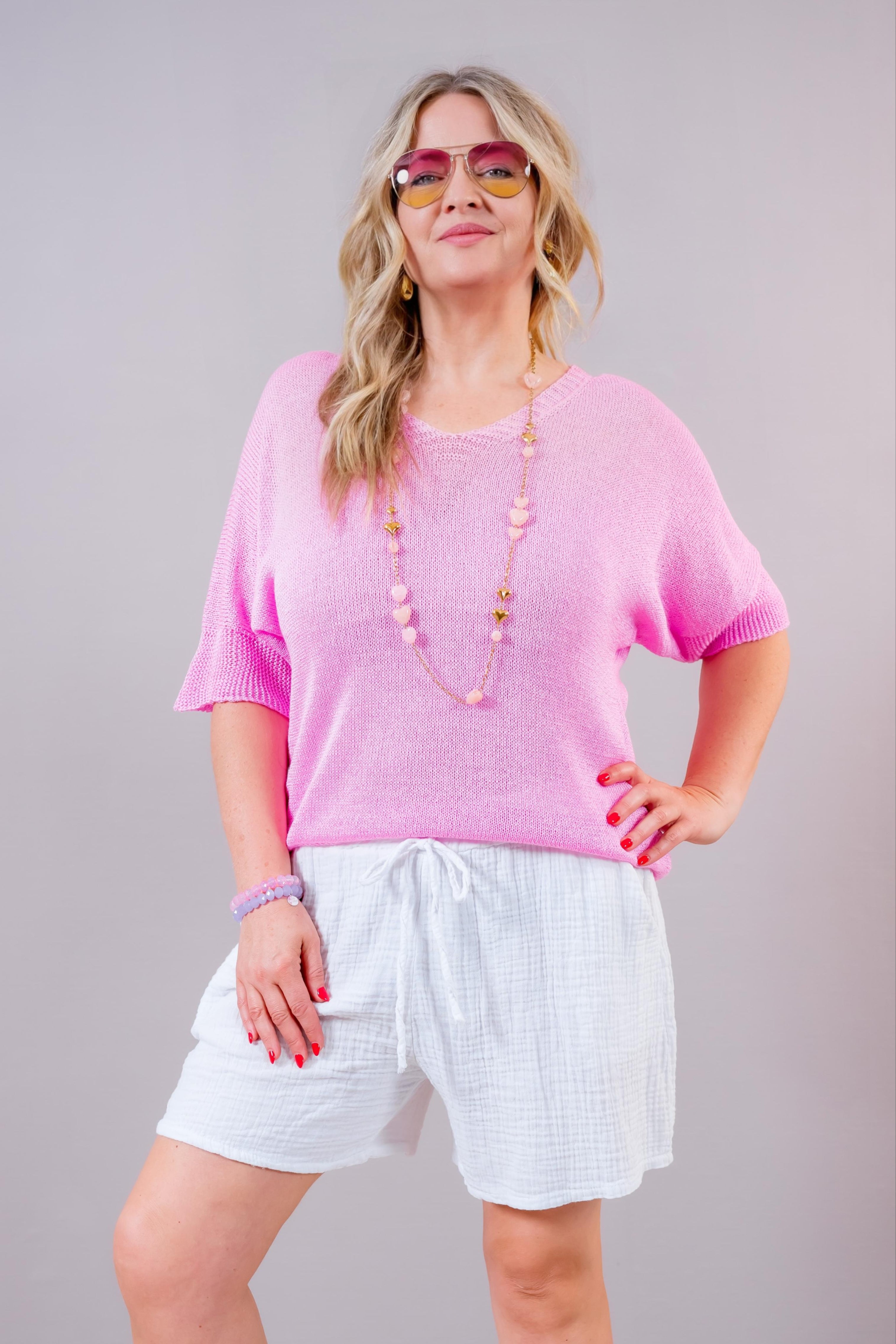 Leichter Strickpullover mit V-Ausschnitt, pink