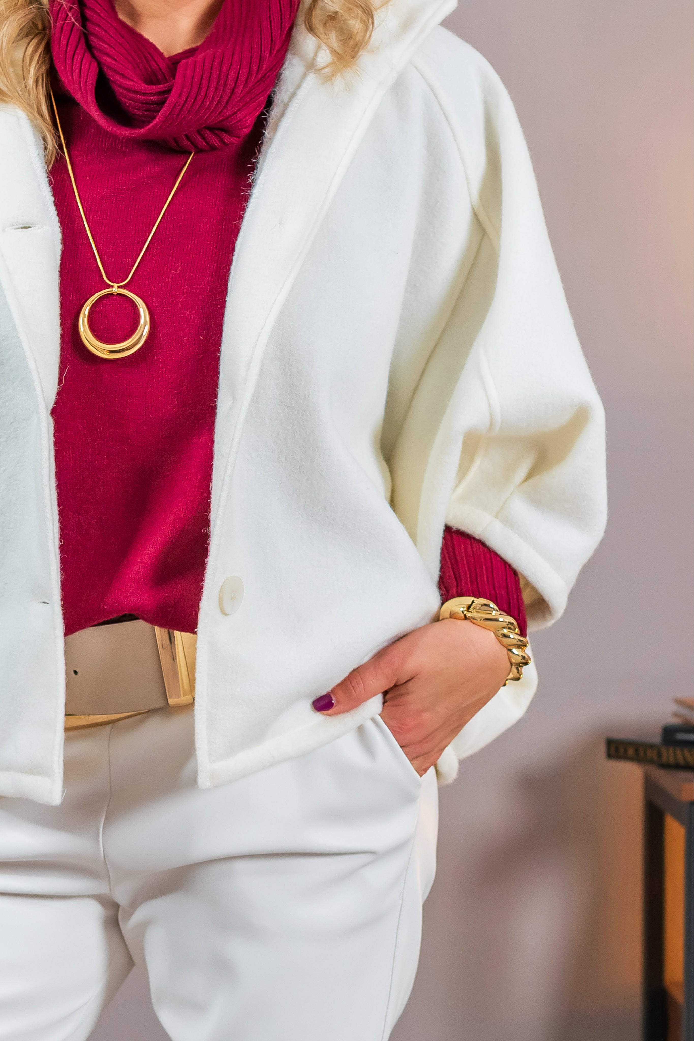 Capejacke aus Wollfleece-Optik, ecru