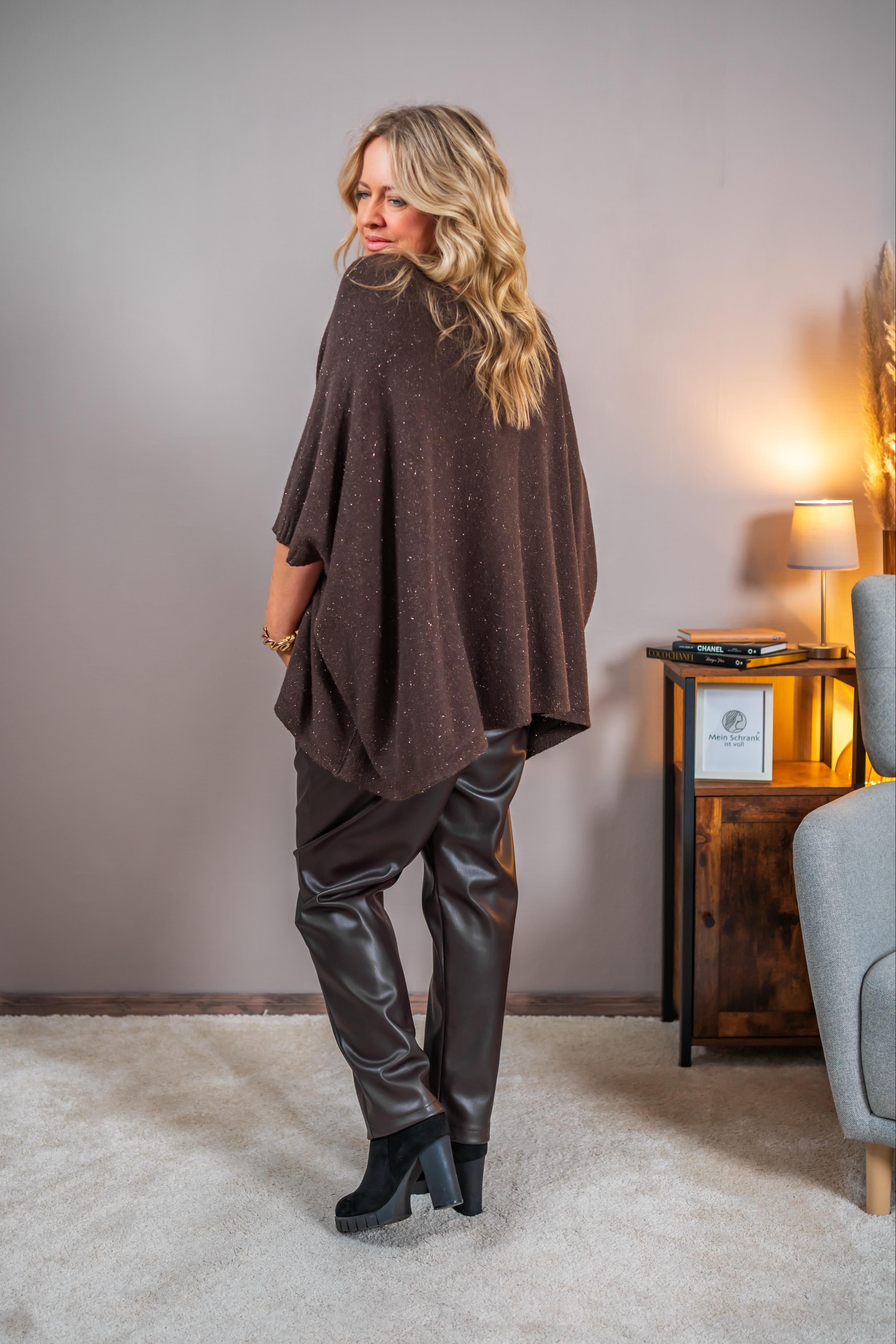 Strickpullover mit Glanzfäden, schokobraun