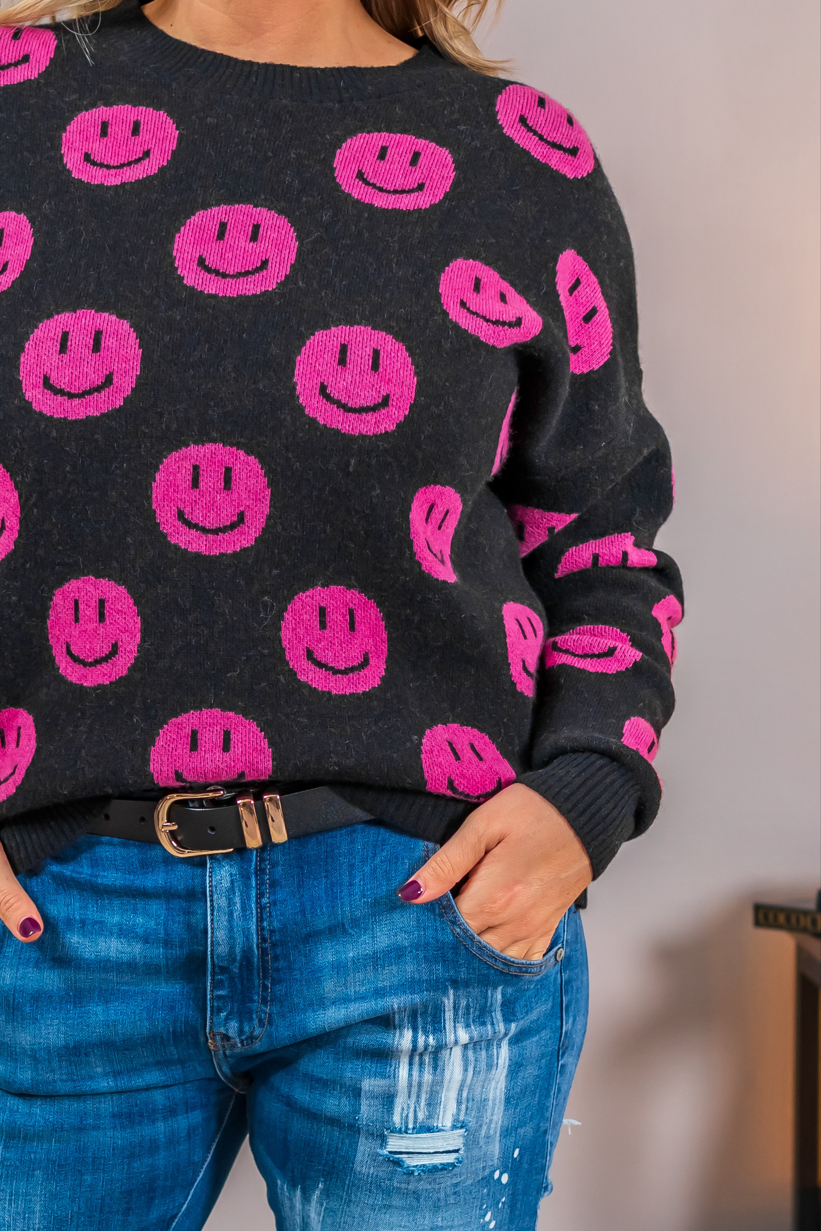 Strickpullover mit Smiley-Design, schwarz/pink