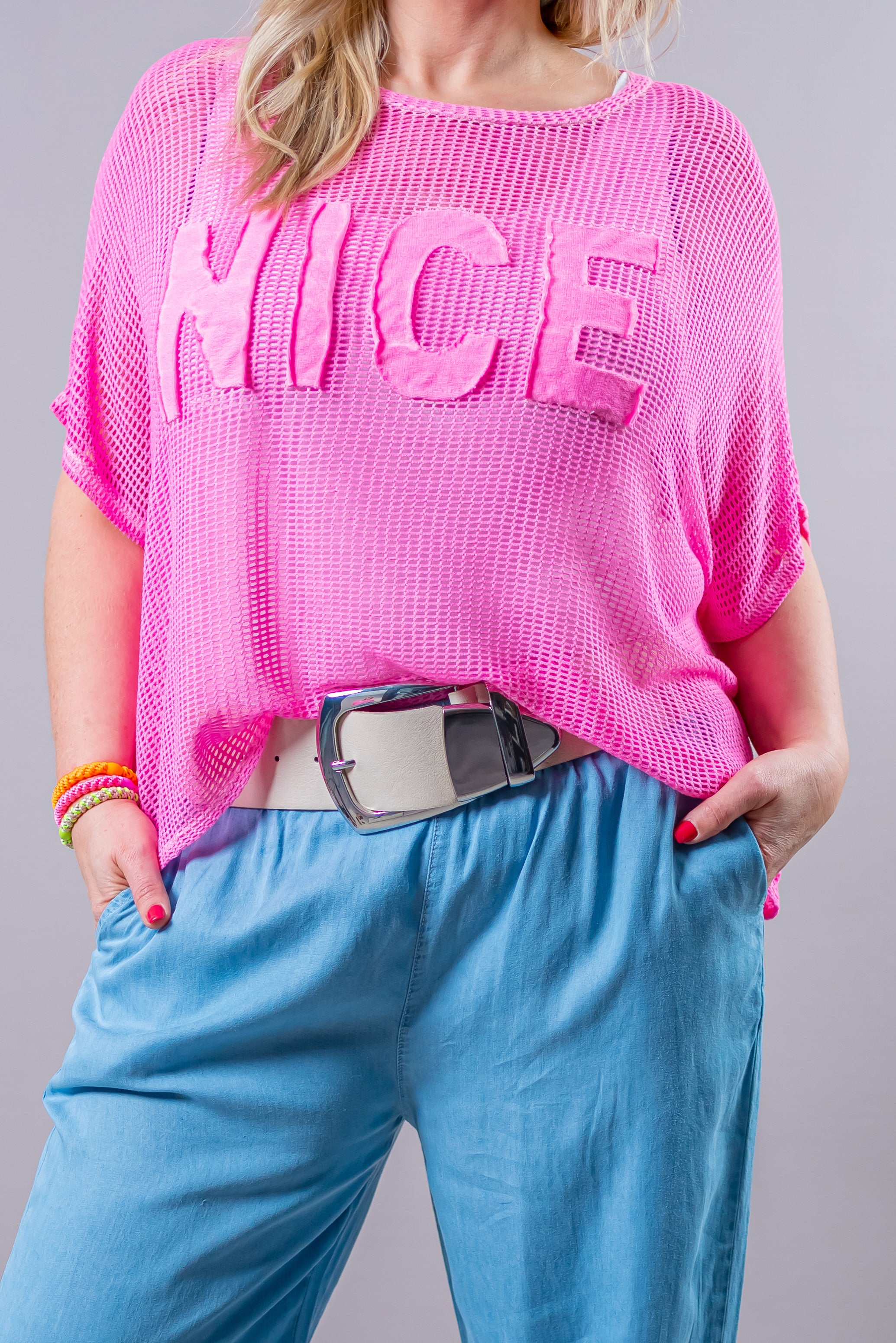 Netz-Shirt mit Print "NICE", pink