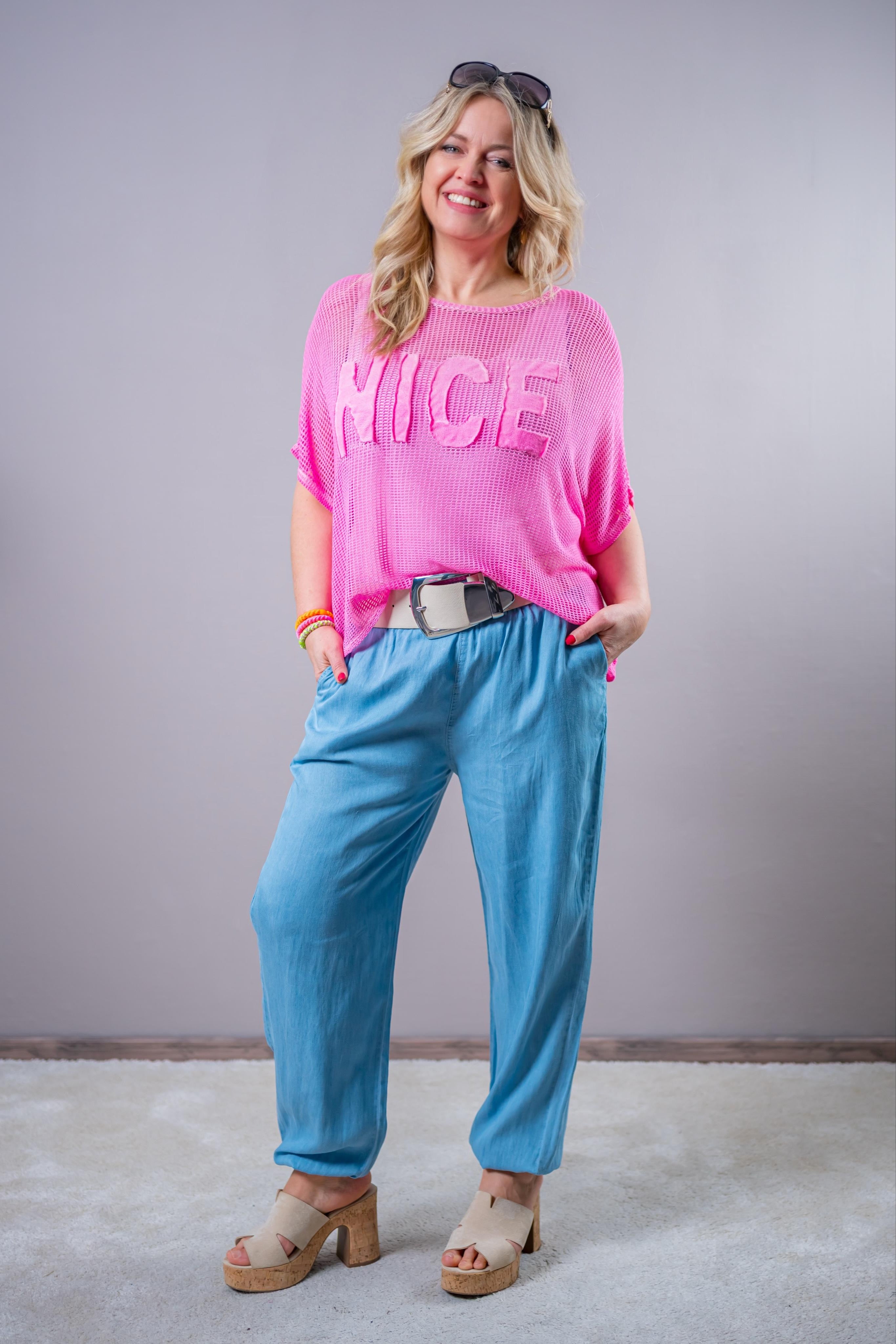 Netz-Shirt mit Print "NICE", pink