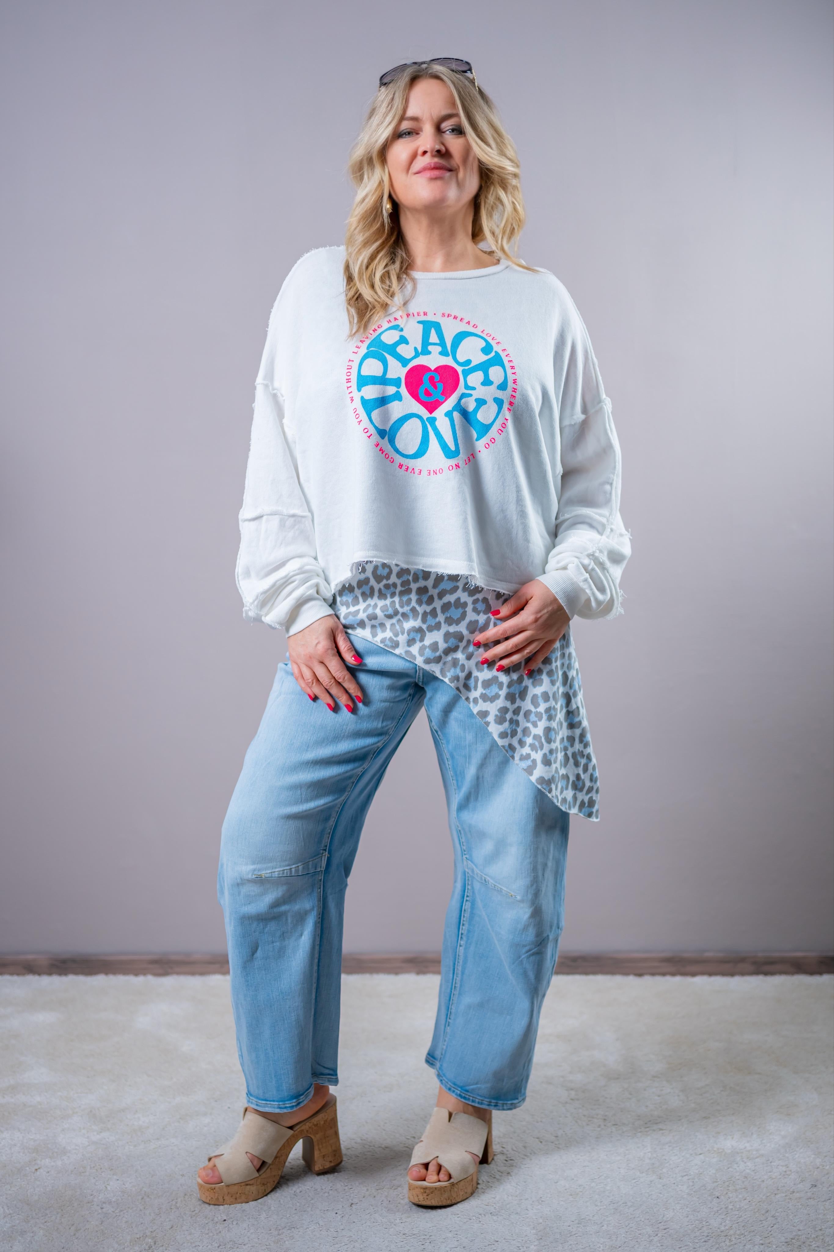 Asymmetrisches Top mit Leo-Print, blau/grau/weiß