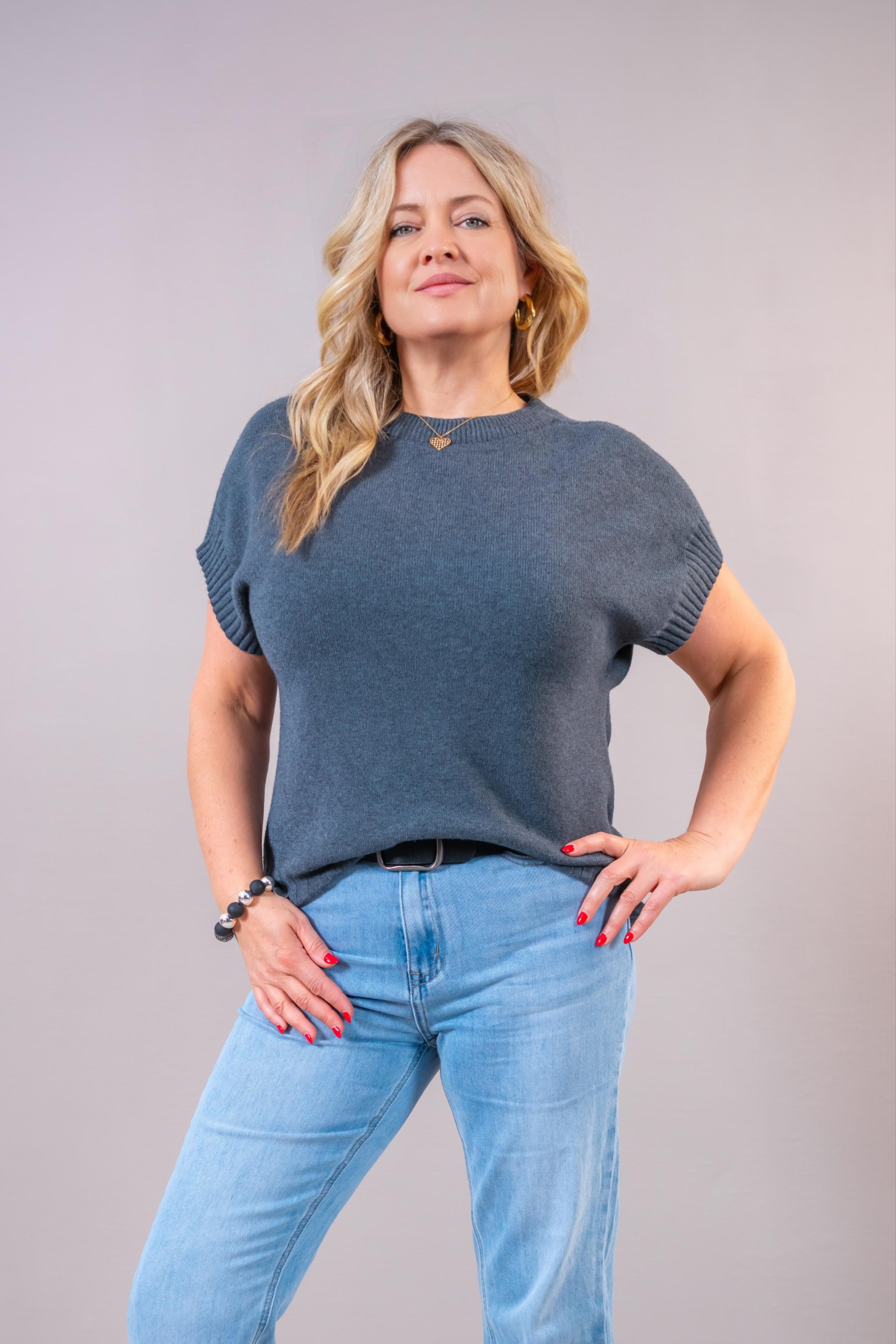 Feinstrick-Pullover Kurzarm, anthrazit
