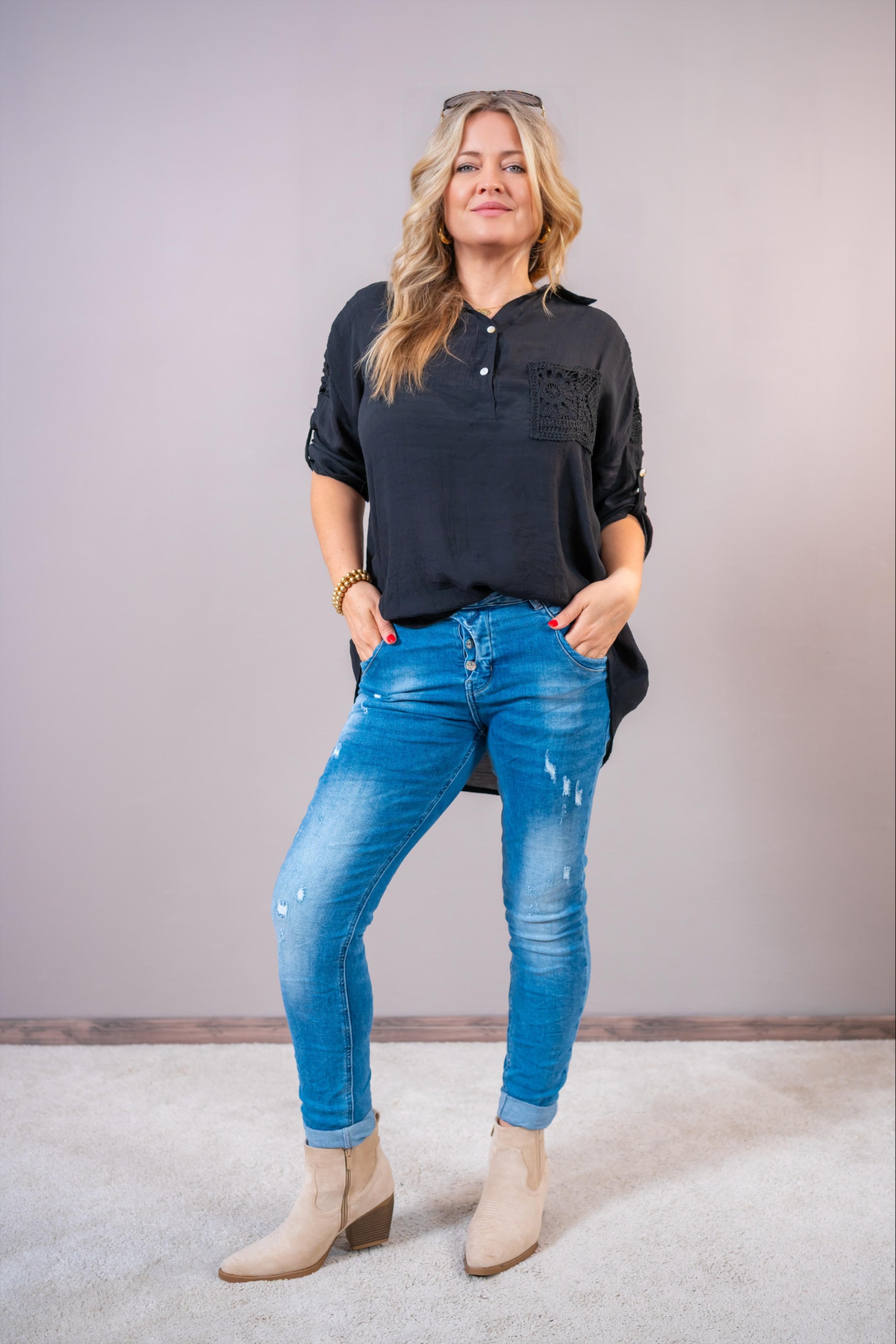 Bluse mit Häkeleinsatz, schwarz