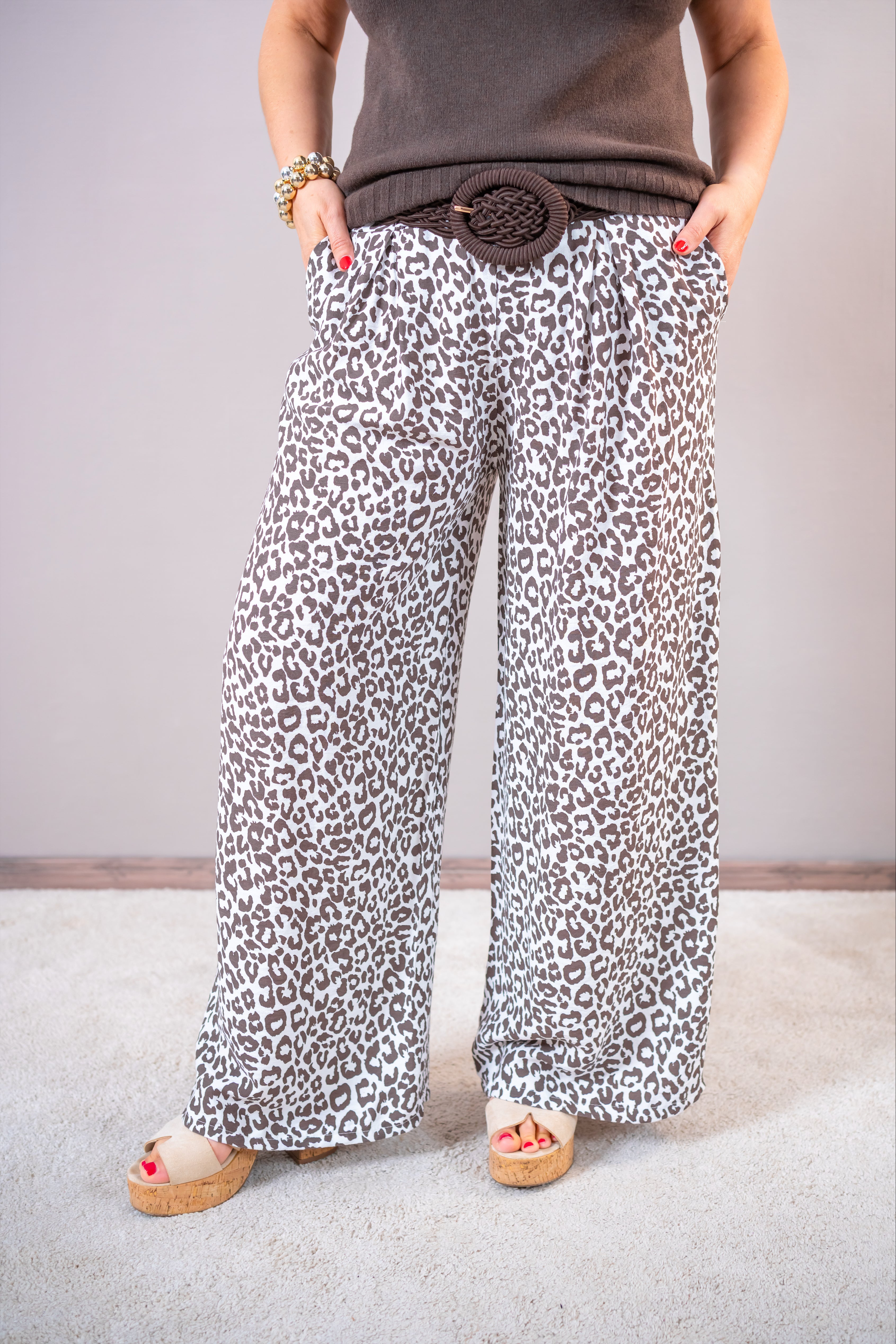 Palazzohose im Leo-Look, creme/braun