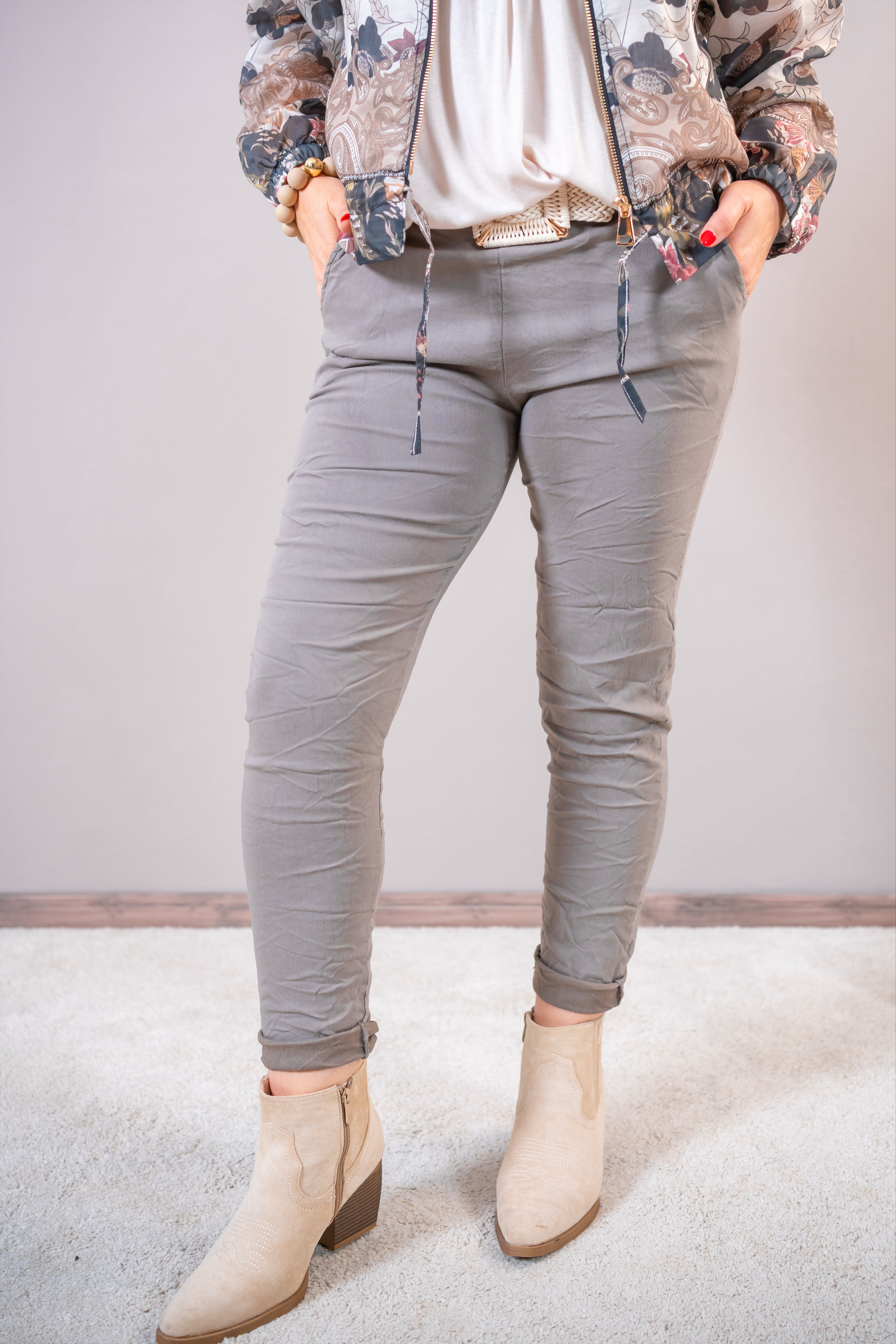 Stretchhose mit Glitzerkordel, taupe