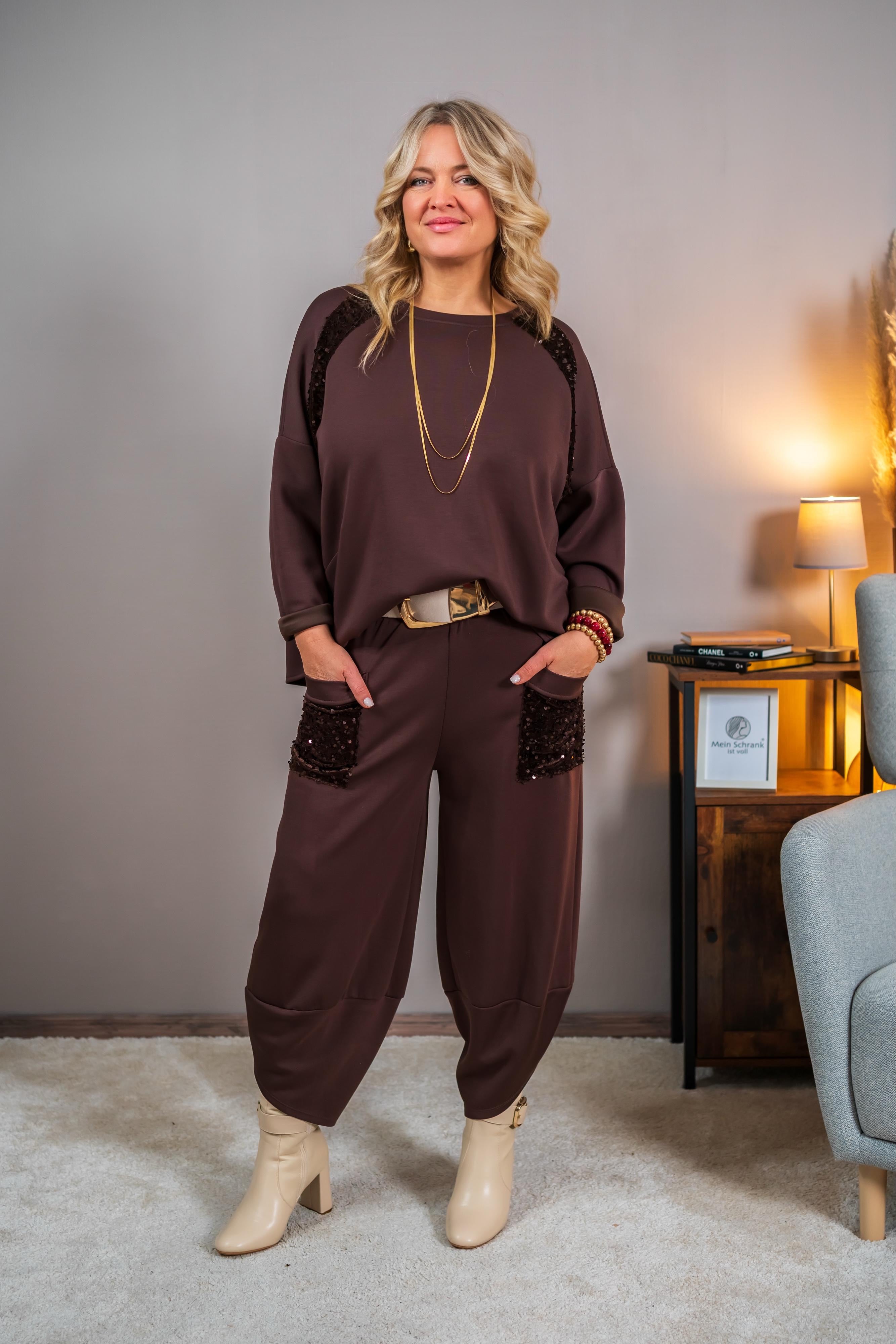 Weiche Hose mit Paillettendetails, schokobraun