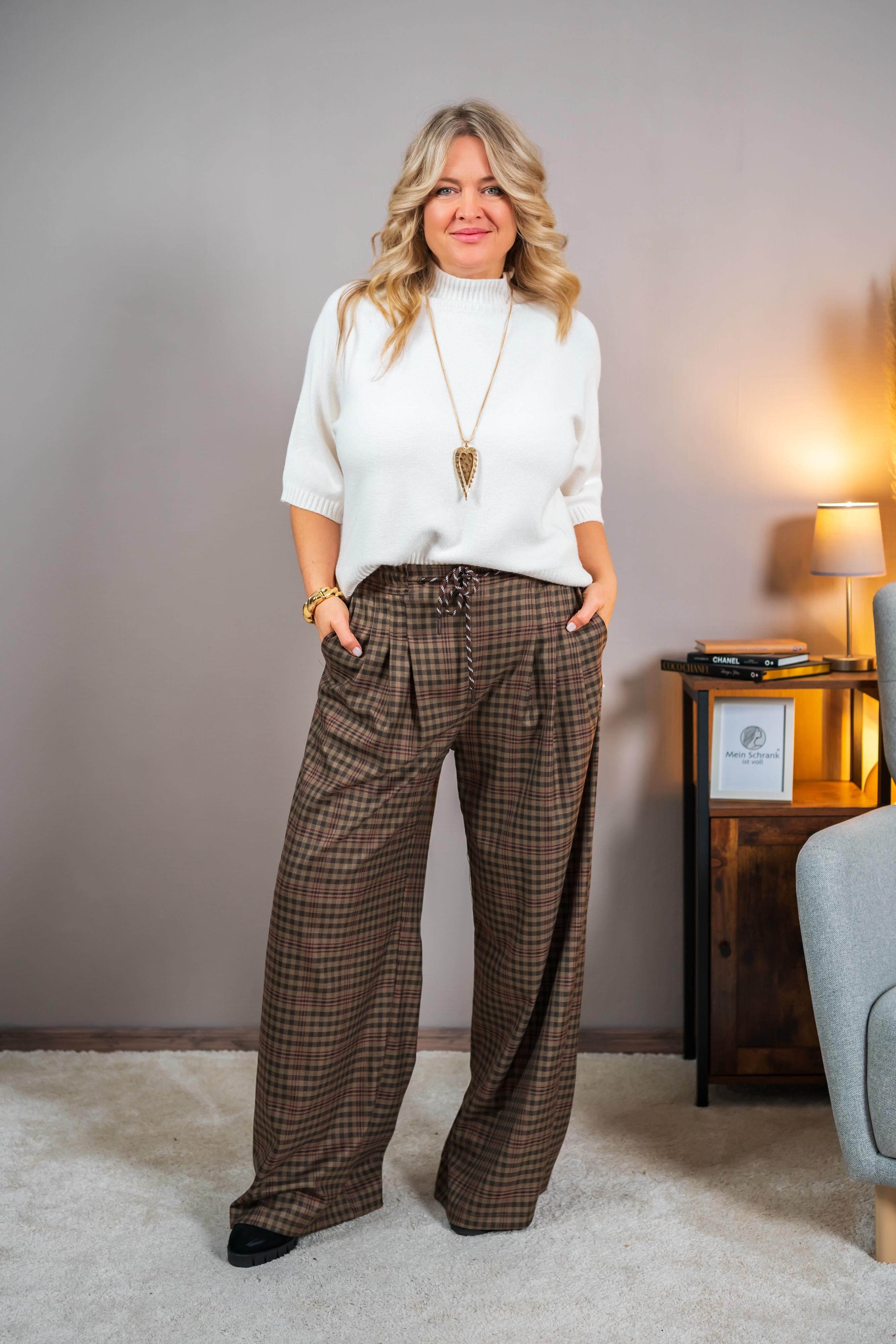 Karo-Hose mit Bindekordel, braun/beige