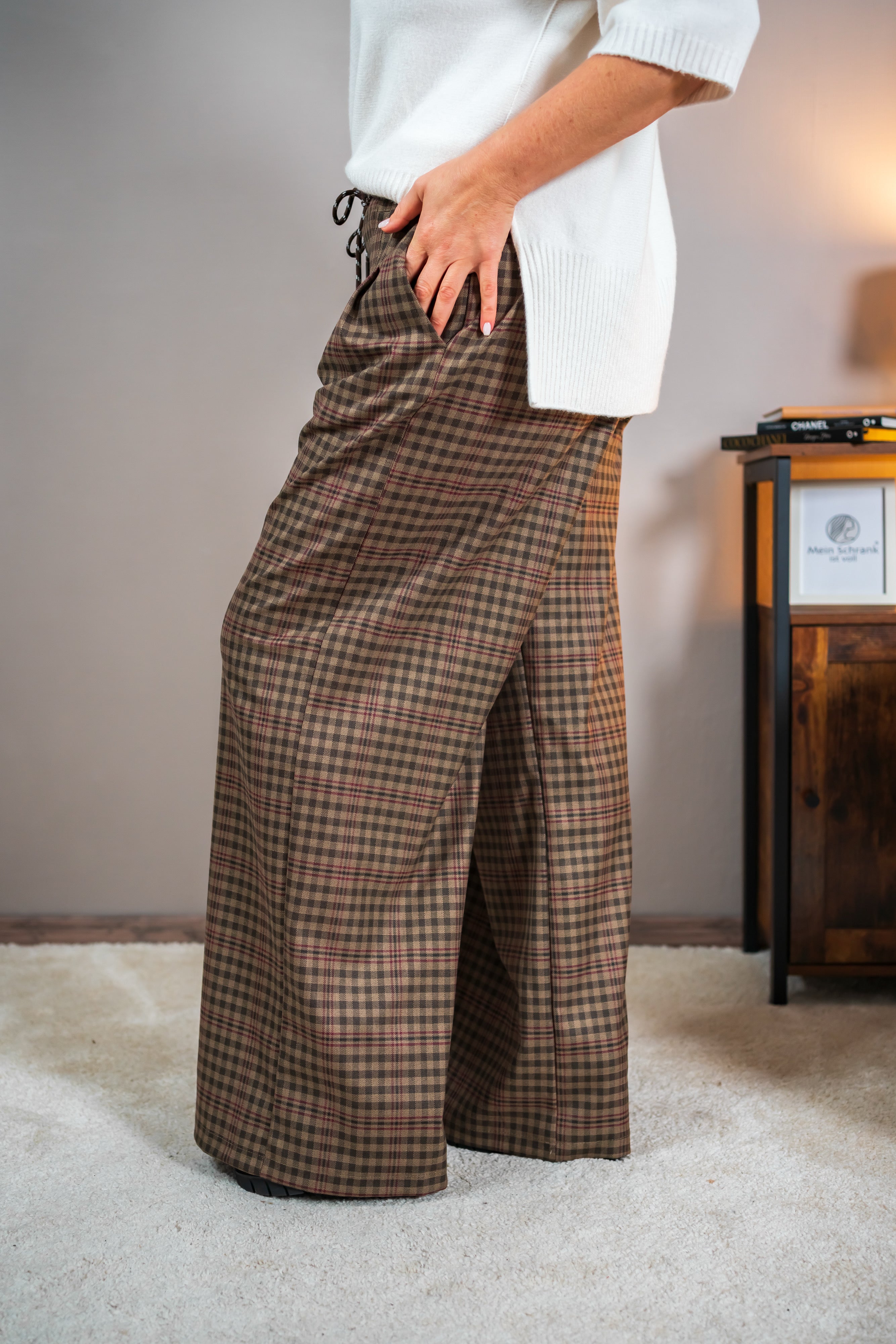 Karo-Hose mit Bindekordel, braun/beige
