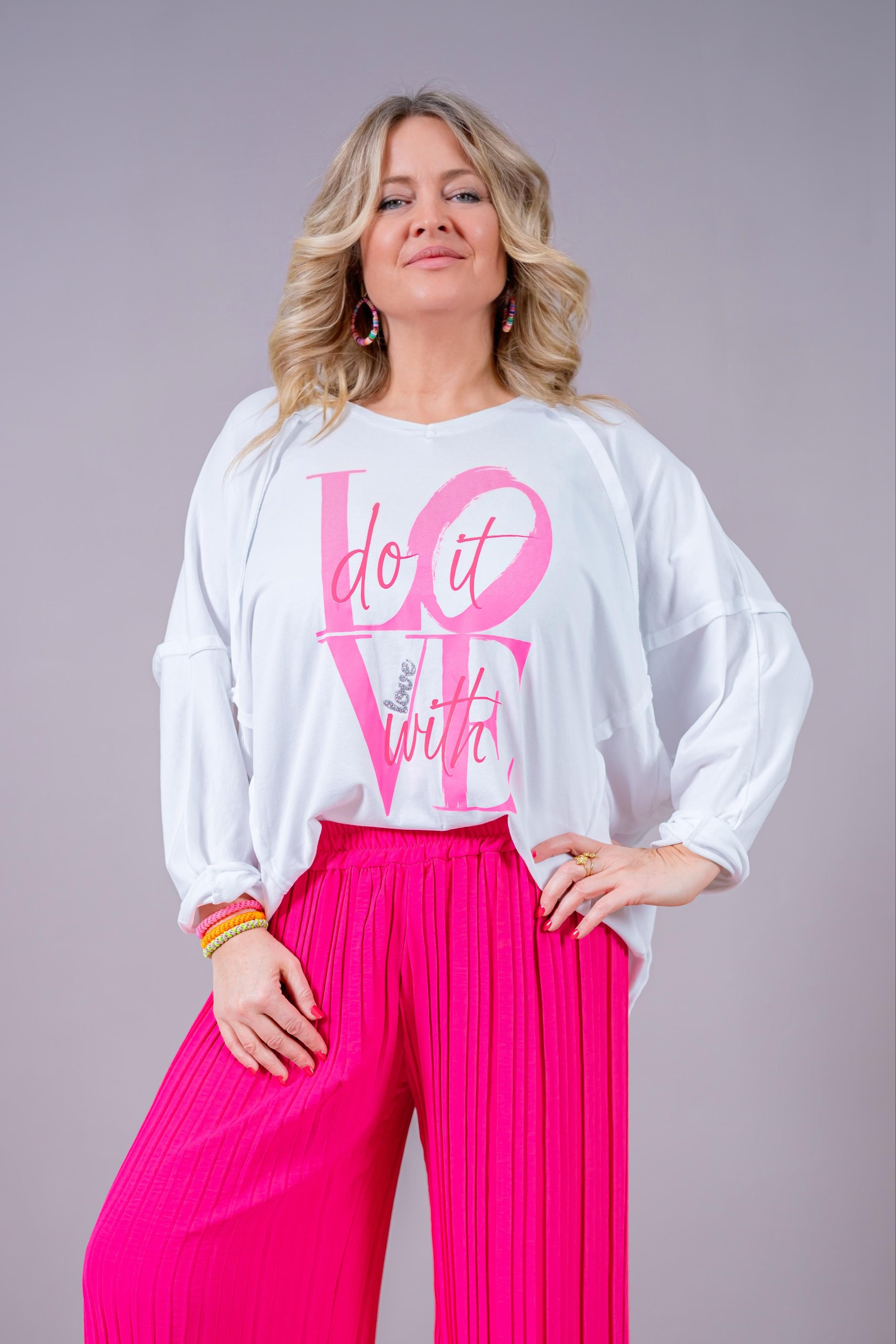 Langarmshirt mit Print "DO IT WITH LOVE", weiß/pink