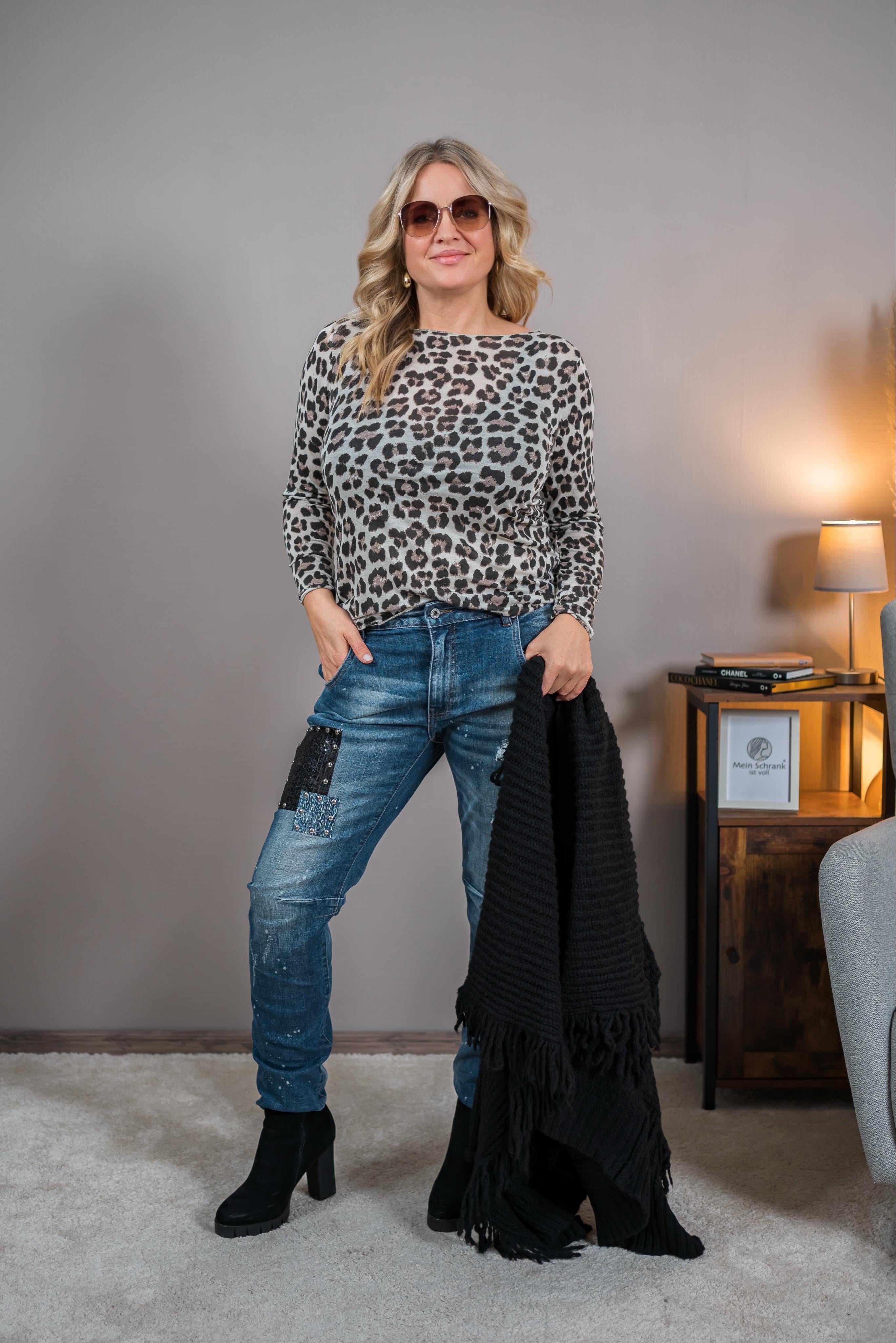 Feines Shirt mit Leopardenmuster, beige/schwarz