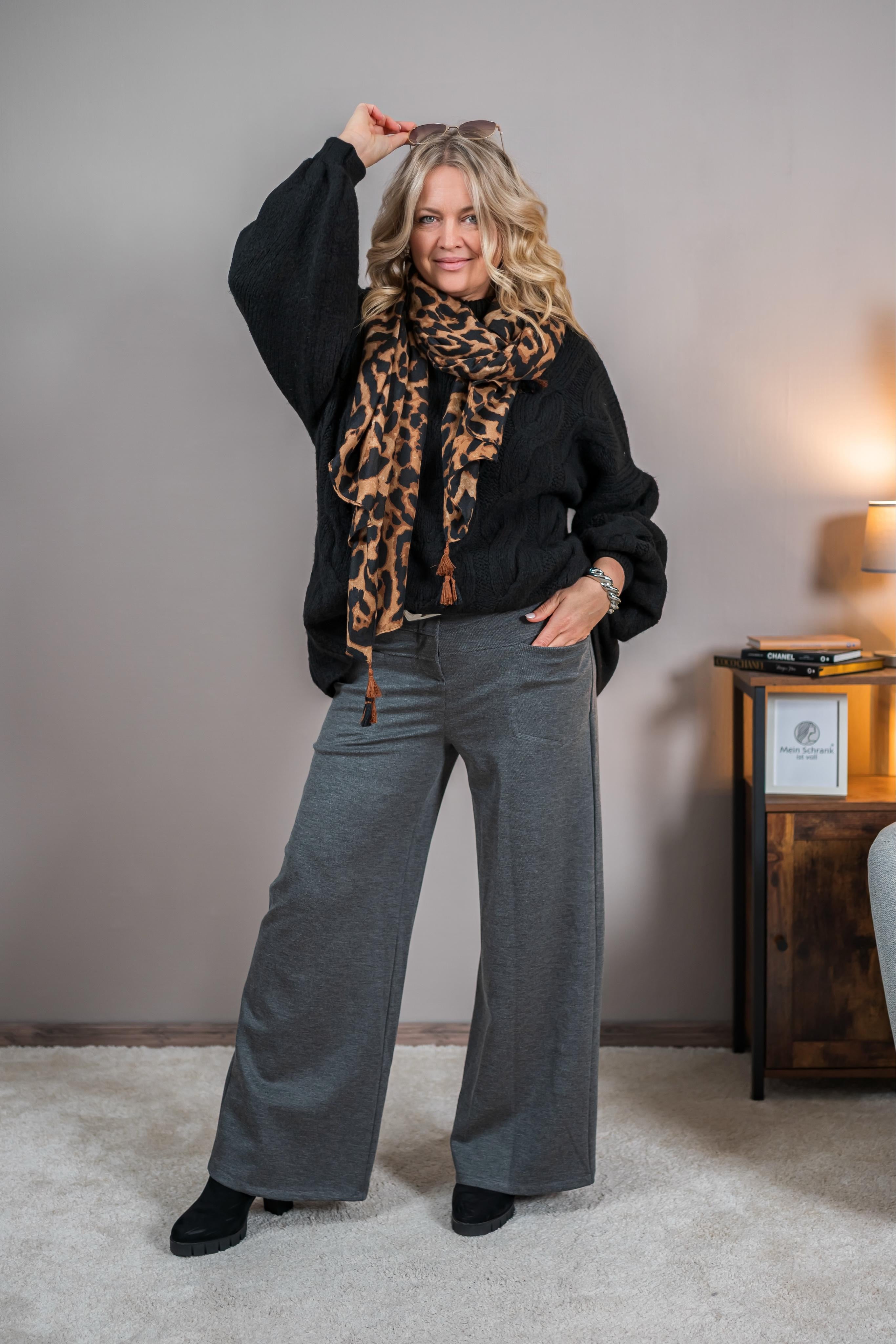 Strickpullover mit Zopfmuster, schwarz