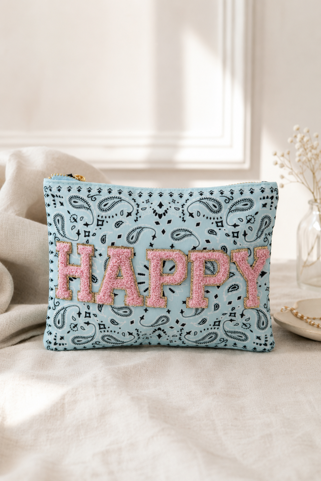 Make-up Tasche "HAPPY", hellbau/rosa