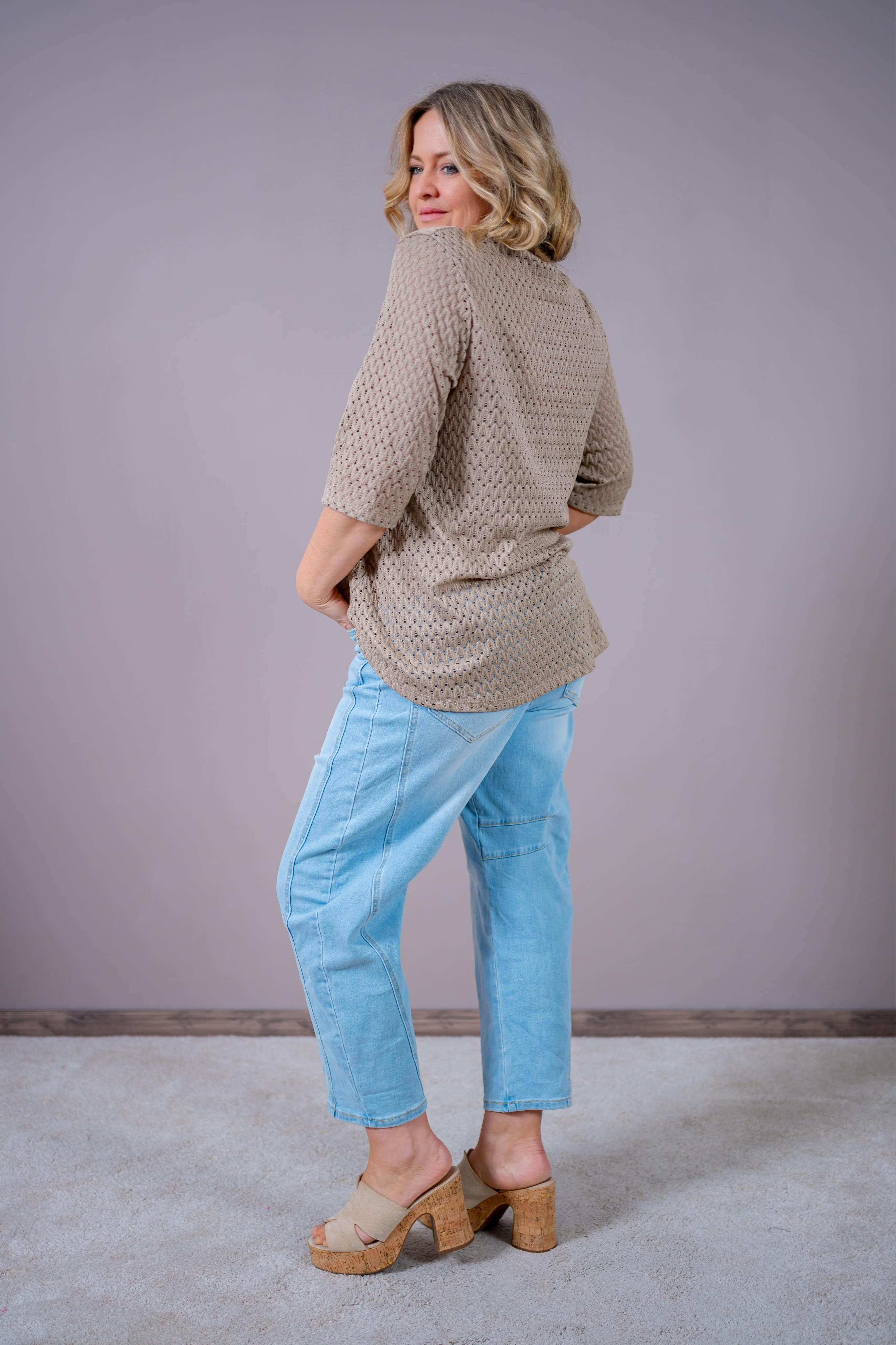 Shirt mit Lochstruktur & 3/4 Arm, taupe