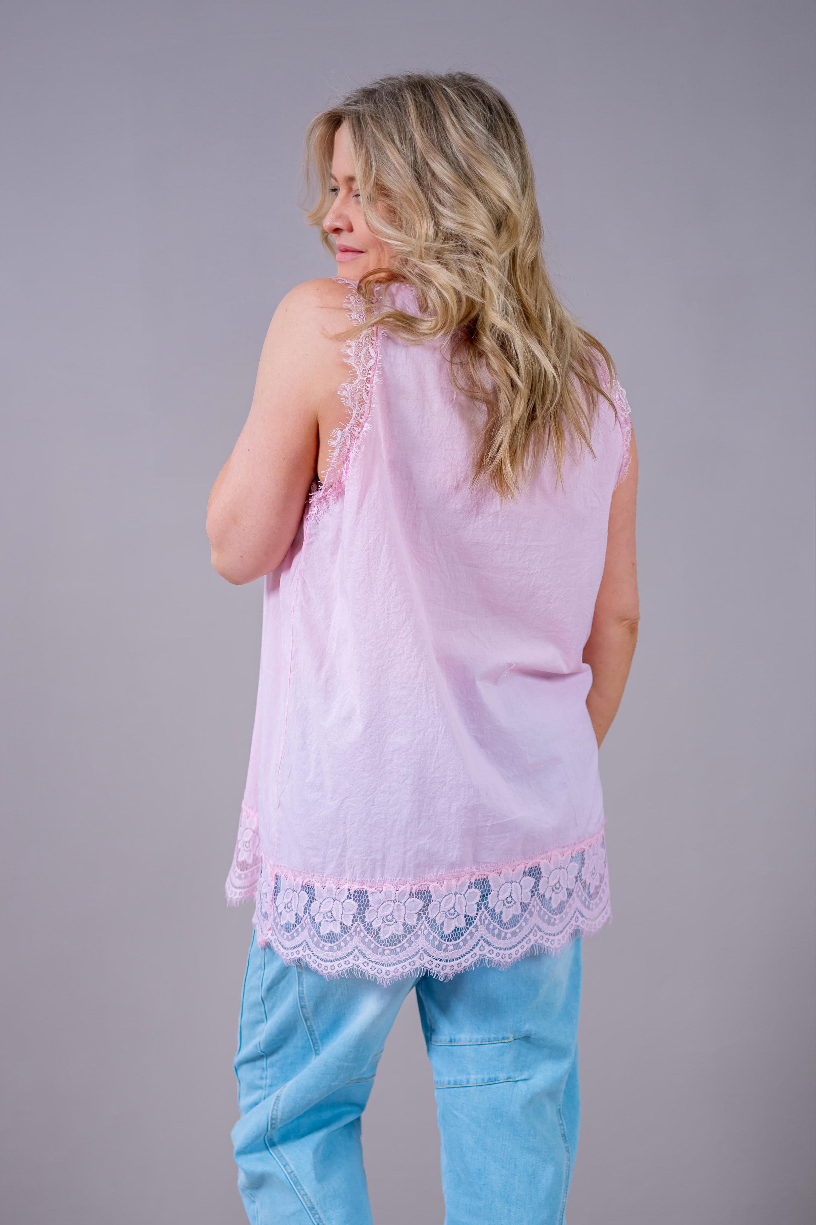 Feminines Top mit V-Ausschnitt und Spitze, rosa