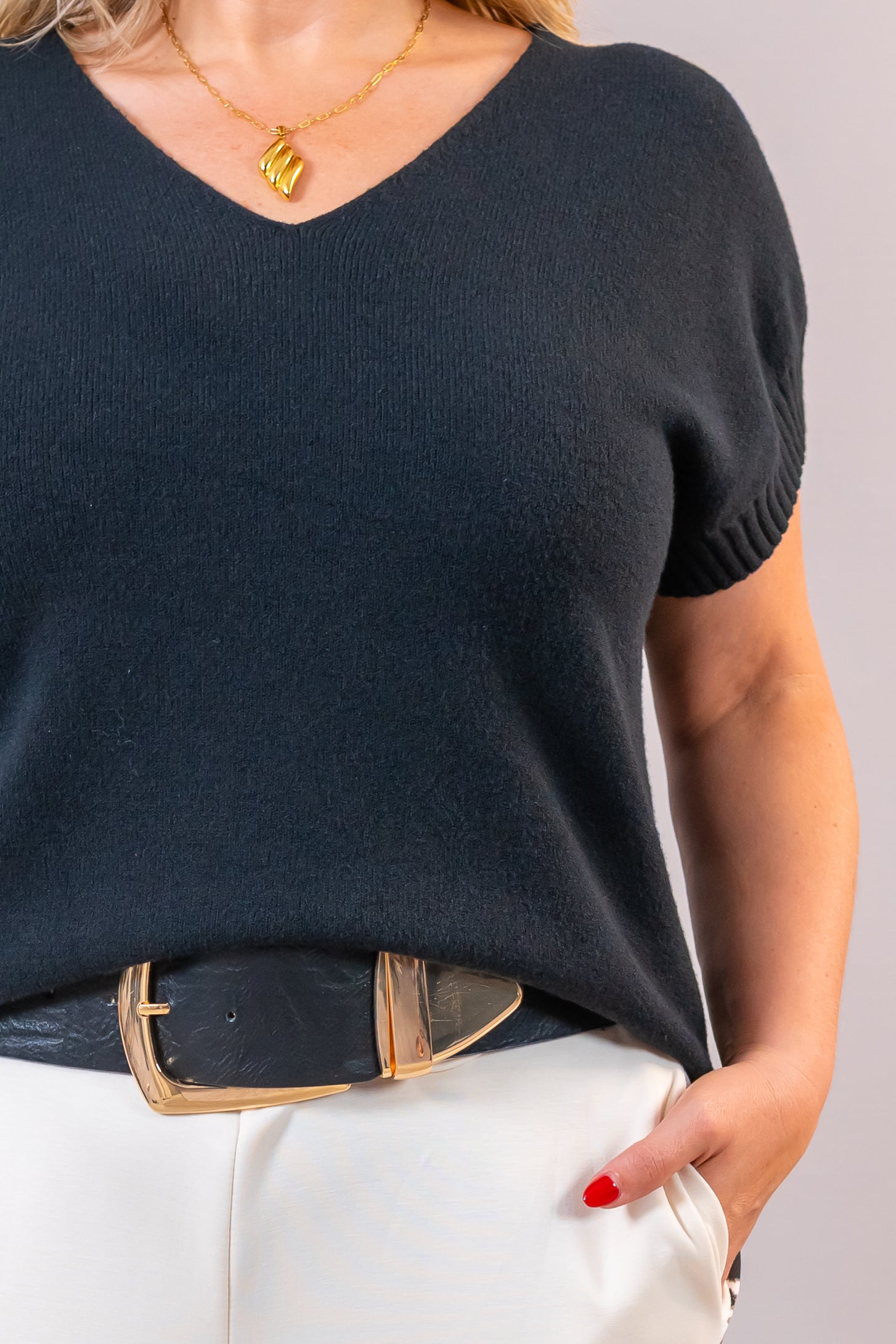 Feinstrick-Pullover Kurzarm, schwarz