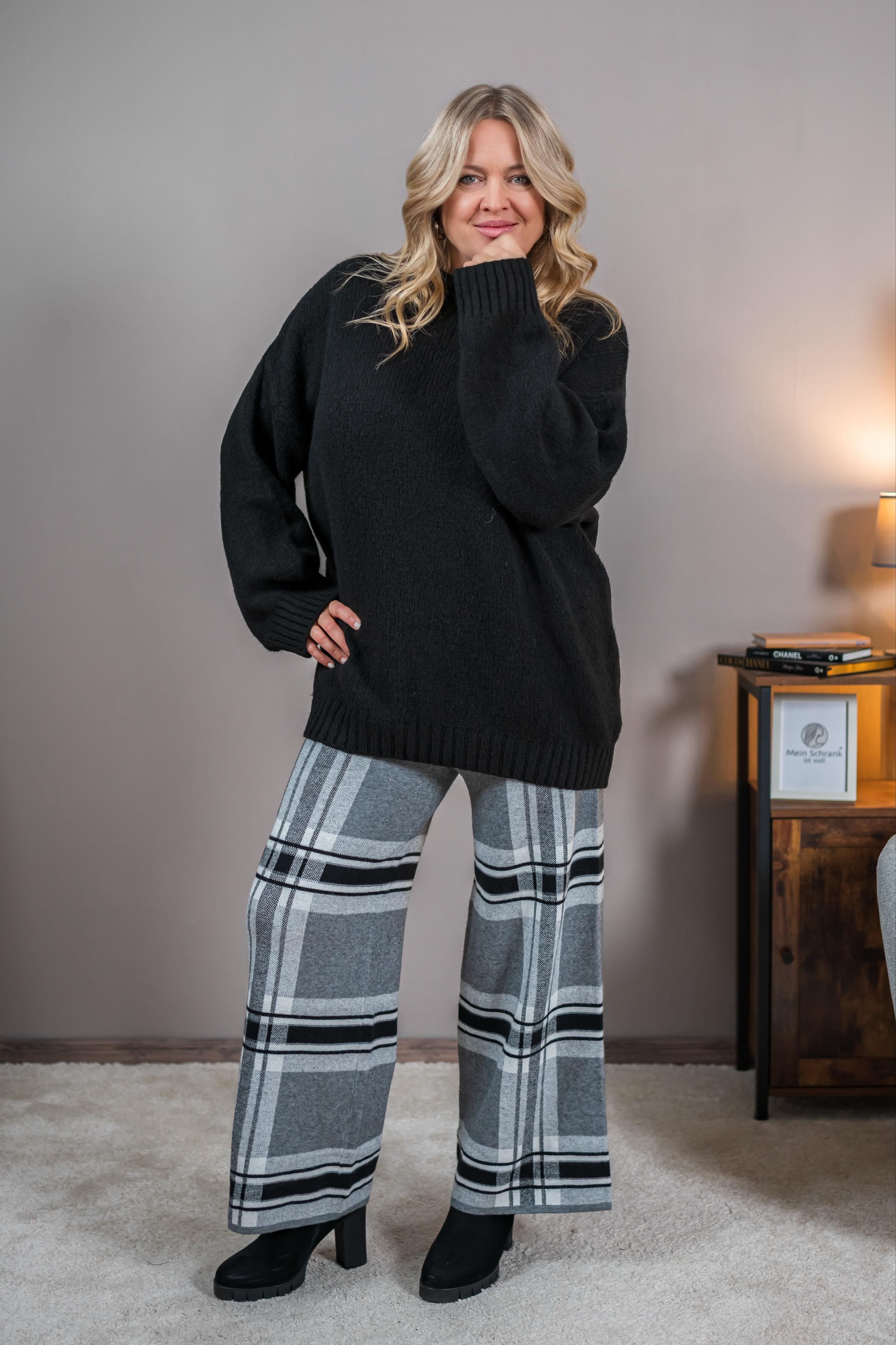 Strickhose mit Karomuster, schwarz/grau/weiß