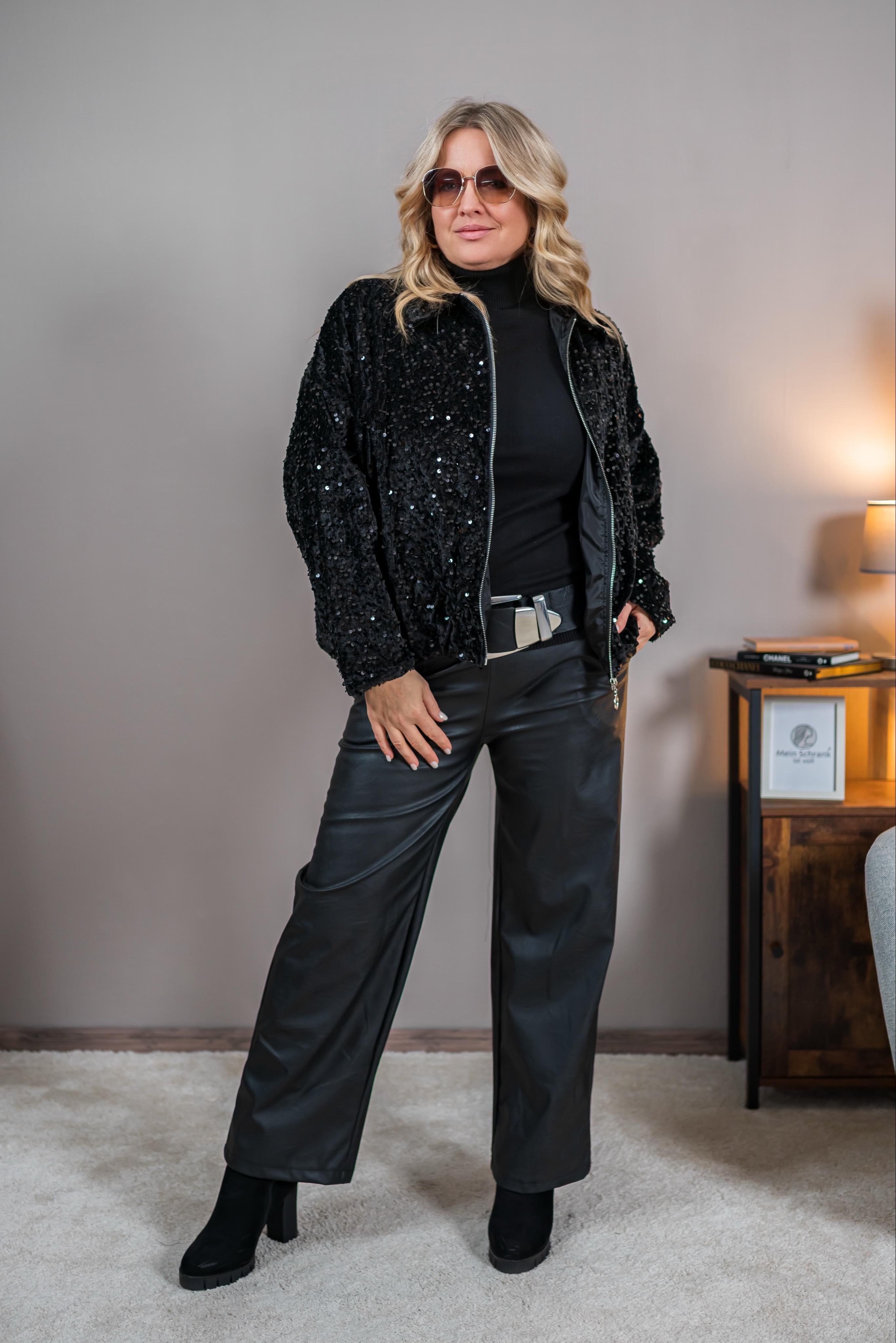 Pailletten-Blouson im Ballon-Stil, schwarz