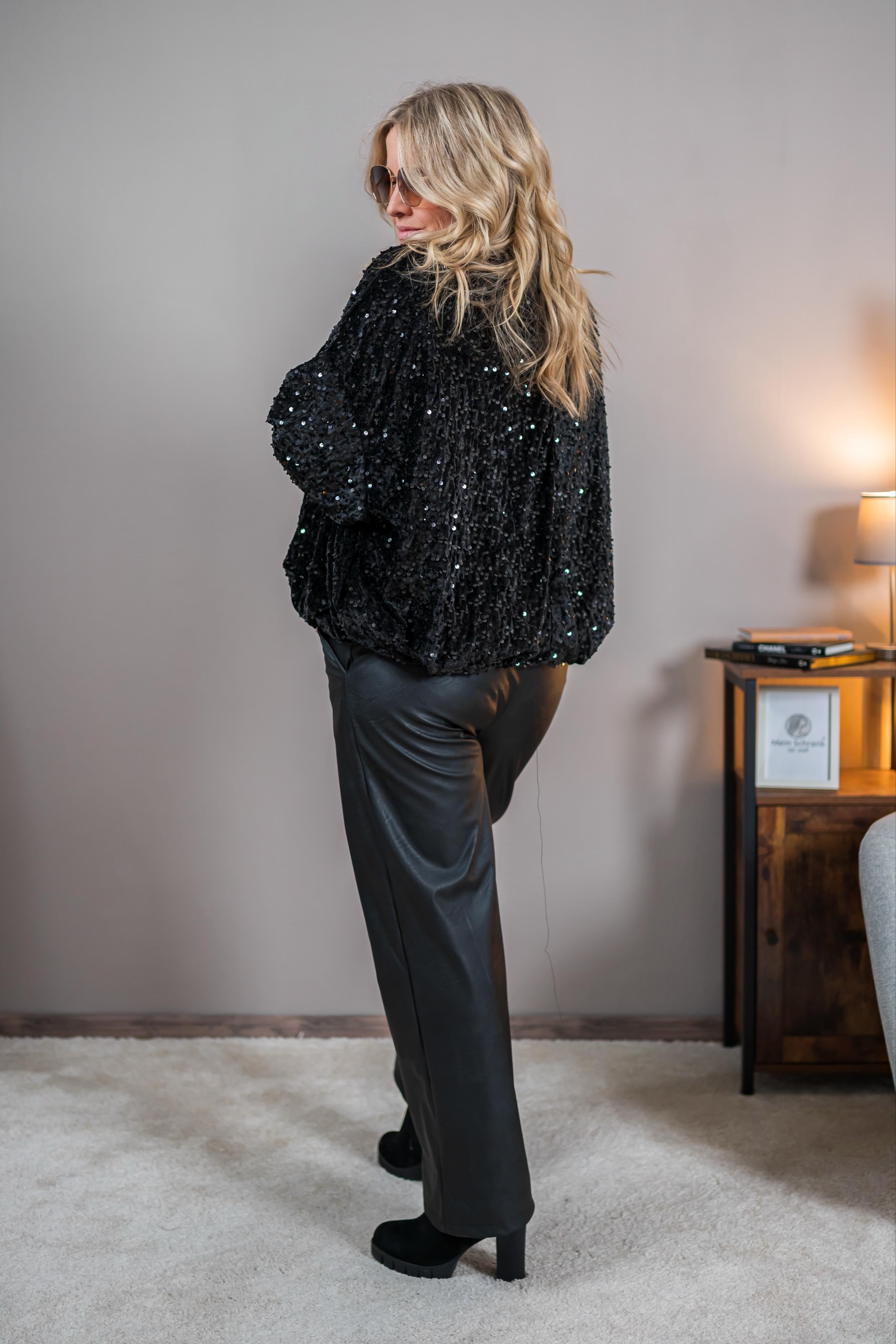 Pailletten-Blouson im Ballon-Stil, schwarz