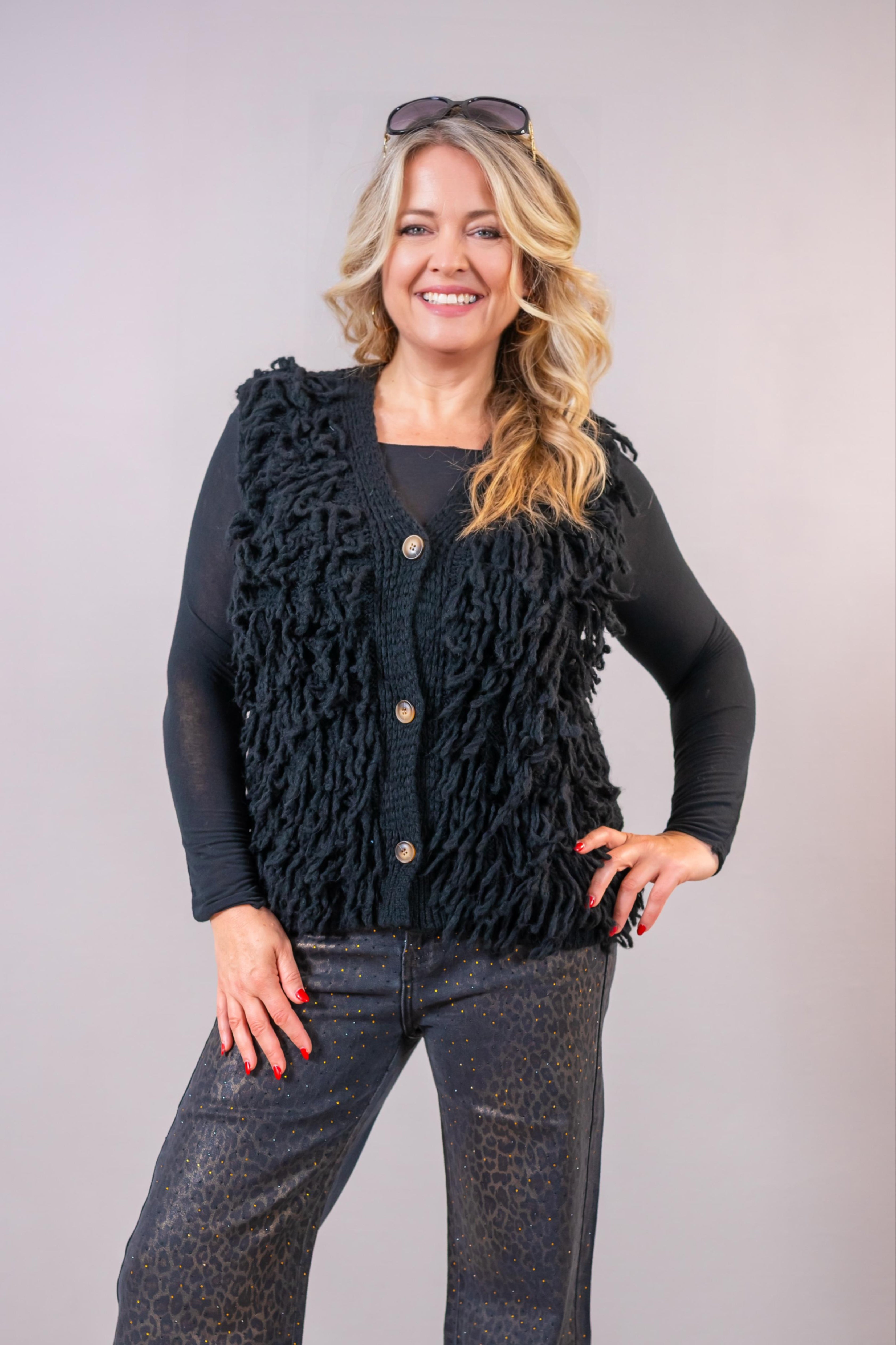 Strickweste mit Fransen, schwarz