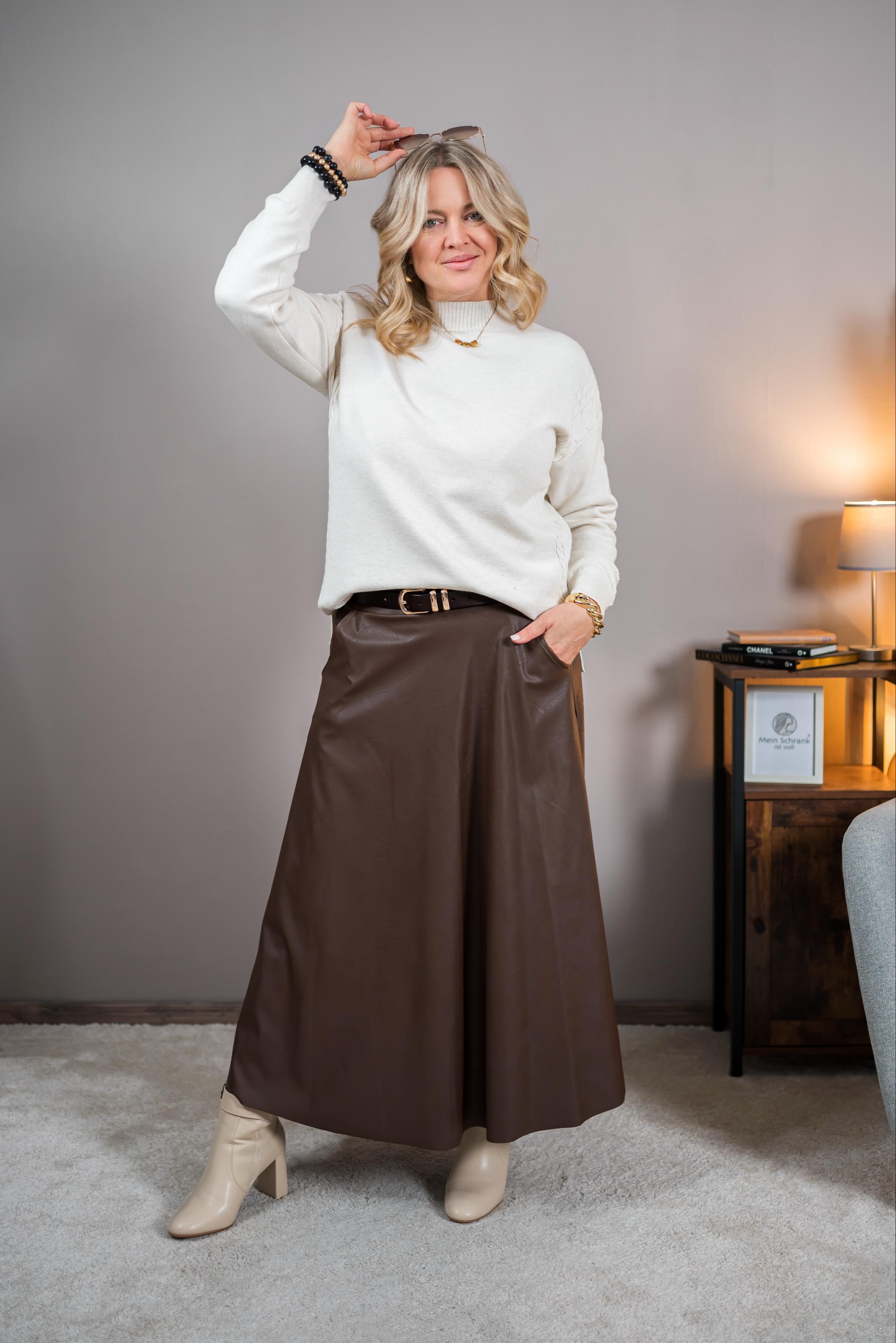 Langer Rock im Leder-Look mit Gürtel, braun