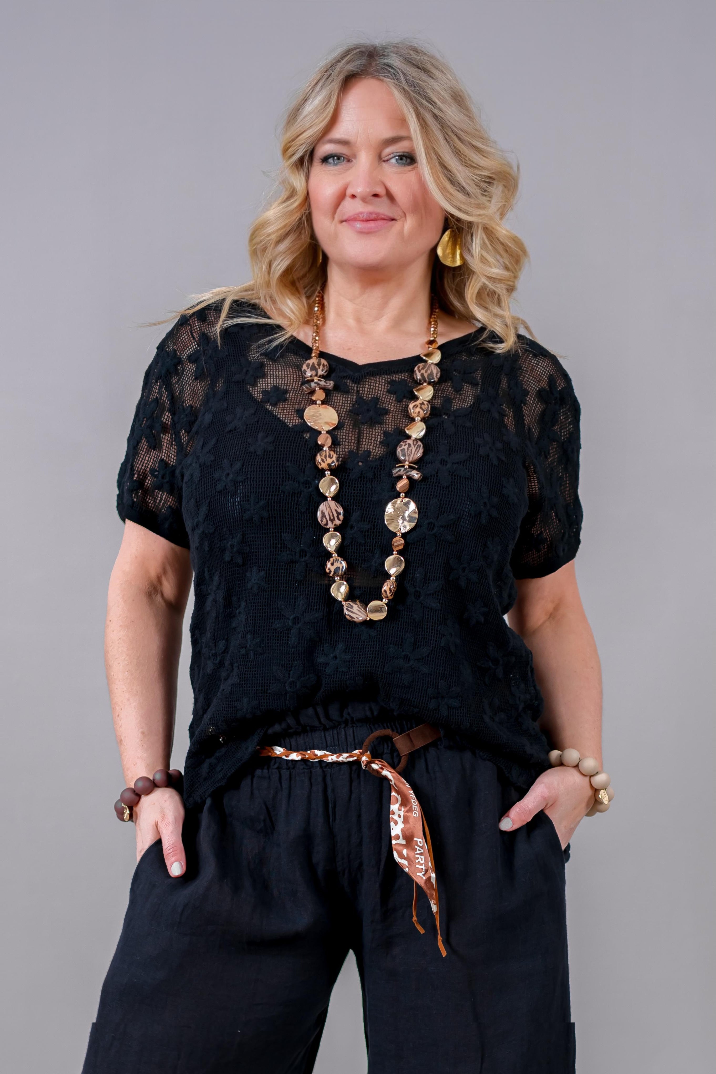 Shirt mit floraler Netzstruktur in Schwarz