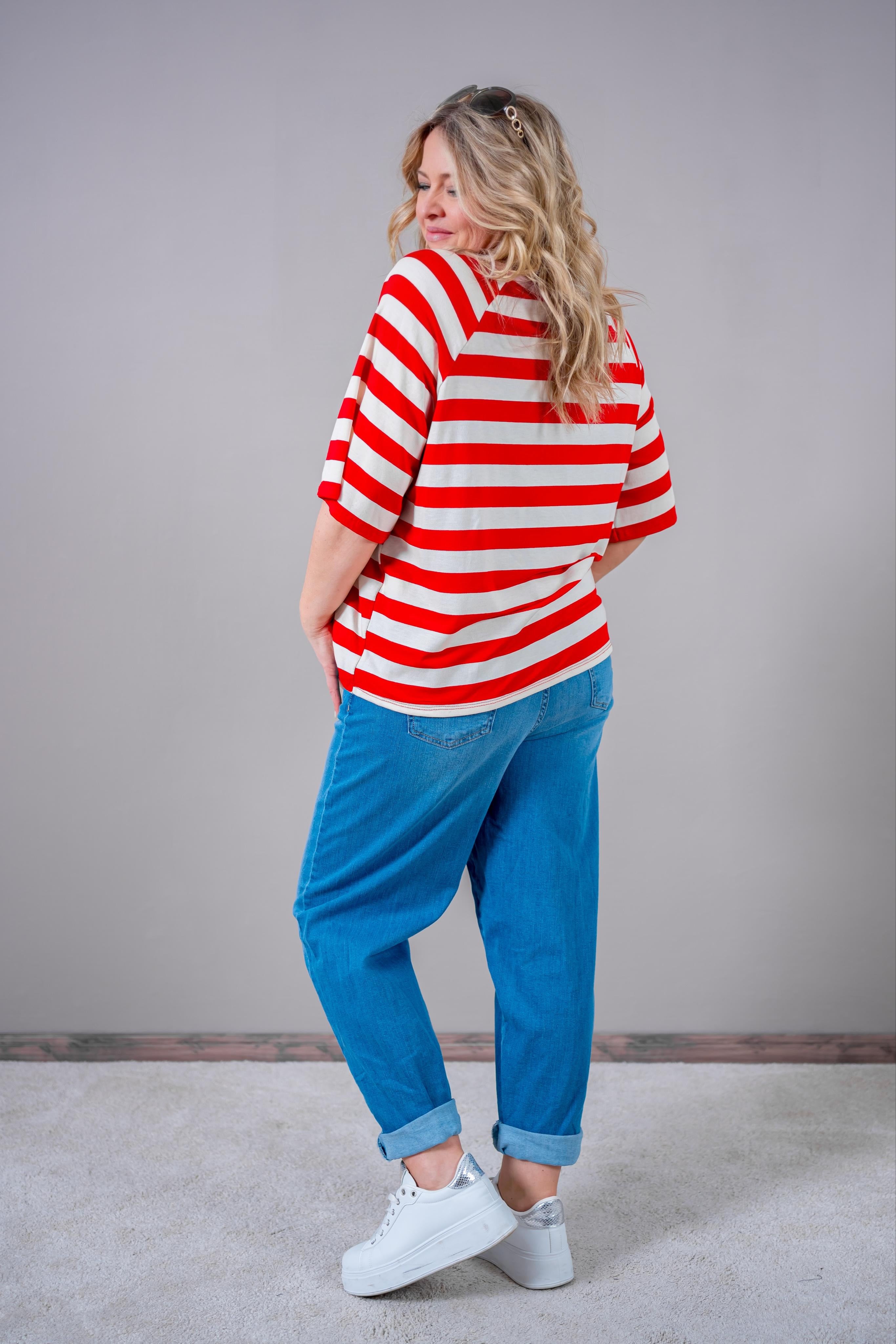 Oversize Shirt im Ringel-Streifen Rot-Creme mit "c'est la vie Paris" Print